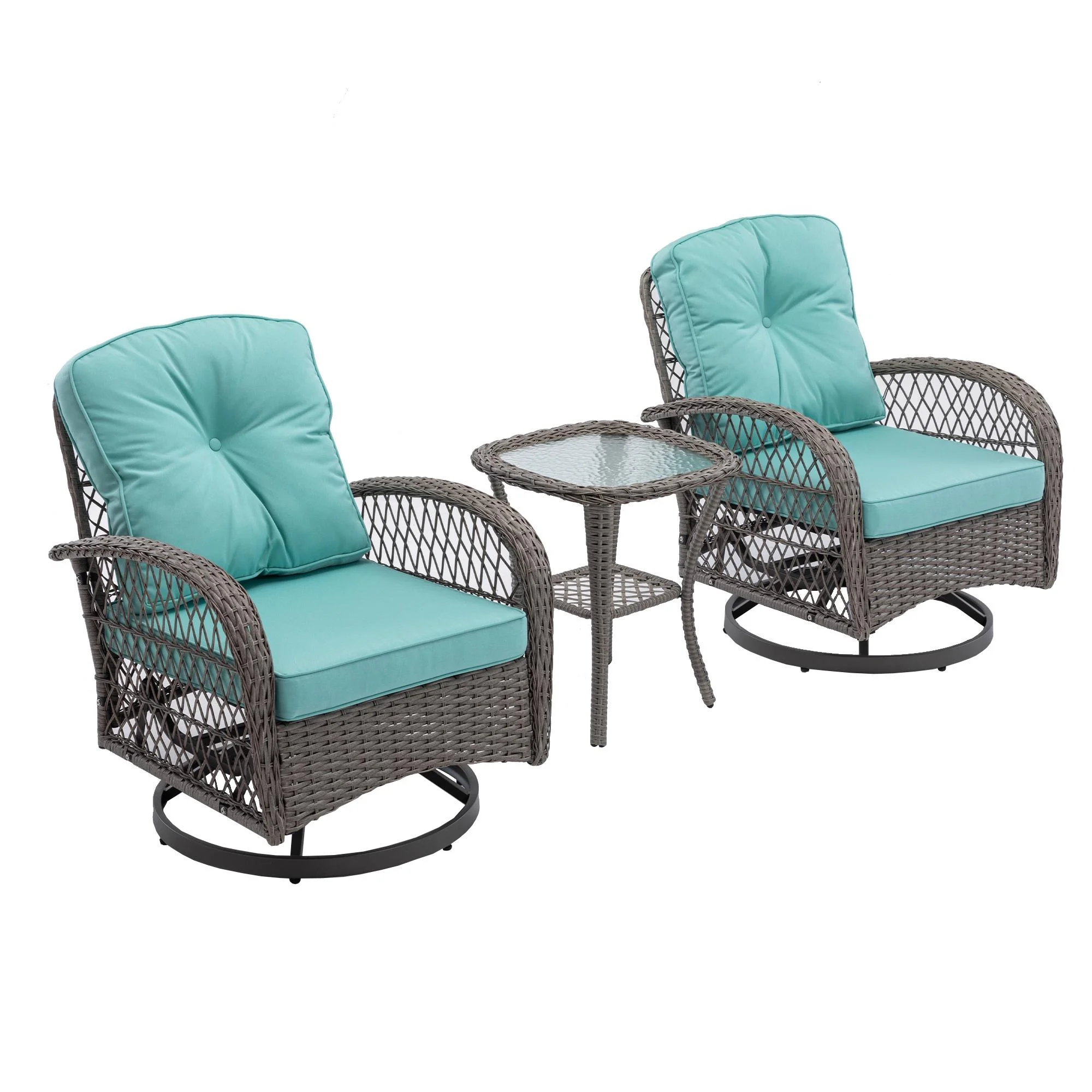 3 Piece Outdoor Bistro Swivel Chairs Set, Patio Bistro Set w/ 360° Swivel Rocking Chairs & Table, All-Weather Conversation Set with Metal Frame for Patio Backyard Porches or Garden - Khaki - Womvr