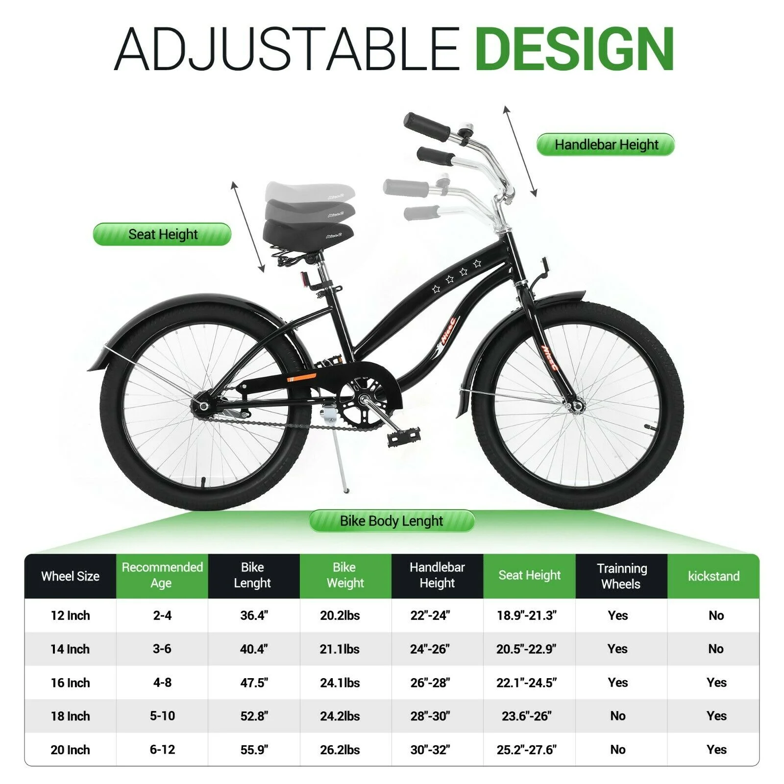 Nice C Kids Bike with Coaster Brake and Training Wheels, Boys Girls 12 14 16 18 20 inch (12 inch Black) - Womvr