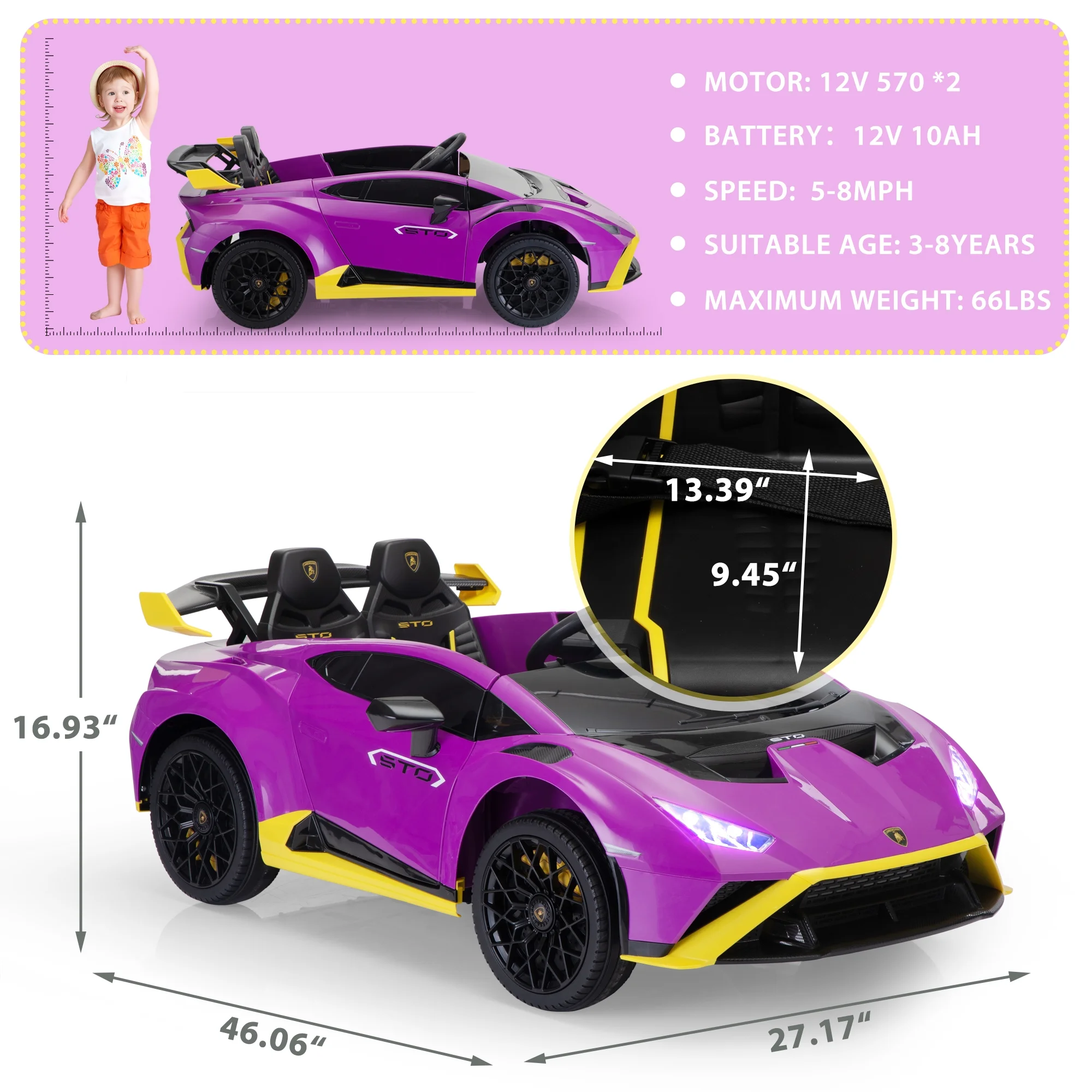 TOBBI 24V Lamborghini STO Licensed Kids Ride on Drift Car Gray Electric Car W/Remote Control LED Lights, up to 10 mph - Womvr
