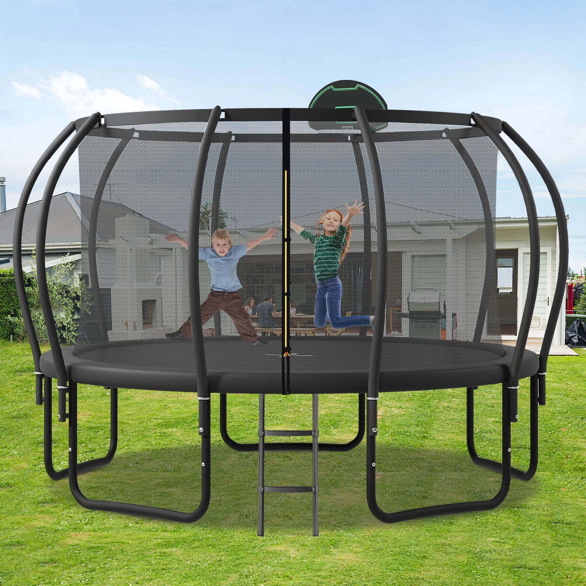 Jump Into Fun Trampoline 12FT 14FT 15FT 16FT, 1200LBS Trampoline for Adults/ 5-6 Kids, Trampoline with Enclosure, Basketball Hoop, Wind Stakes, Outdoor Upgraded Arc Pole Trampoline - Womvr