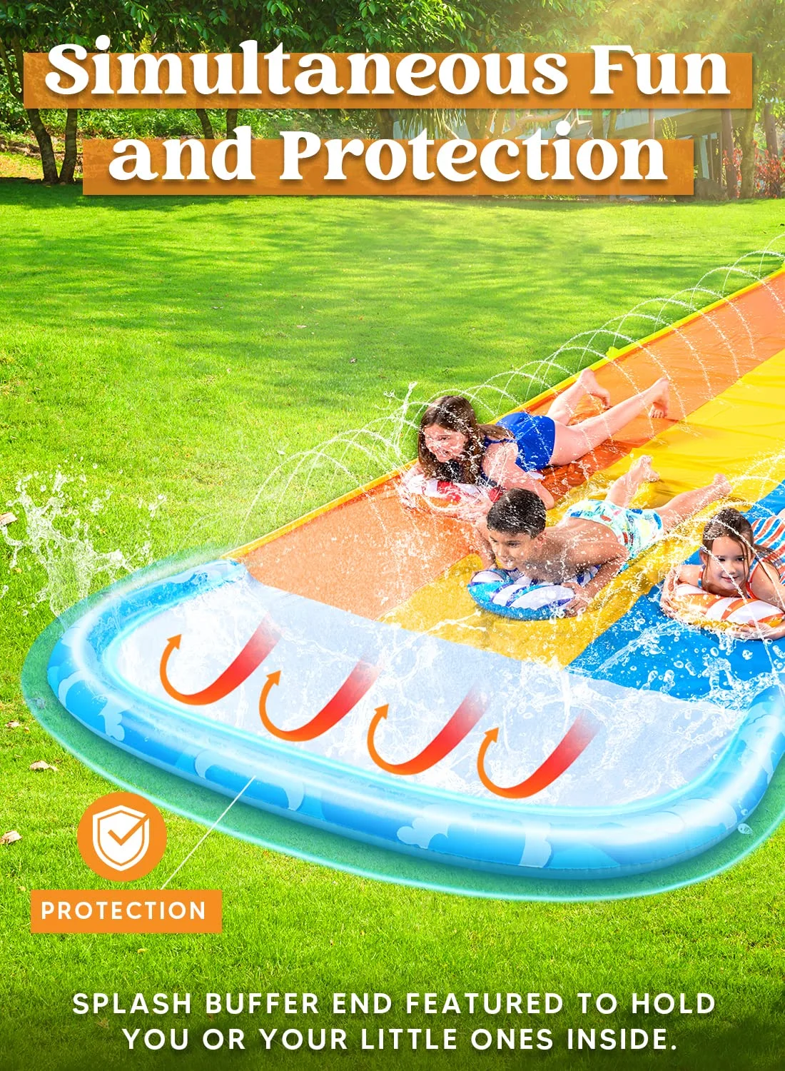 Syncfun 22.5ft Triple Water Slide and 3 Boogie Boards, Backyard Summer Lawn Water Slides Waterslide and Slip Sprinkler Water Toy for Kids Adults Outdoor Fun - Womvr