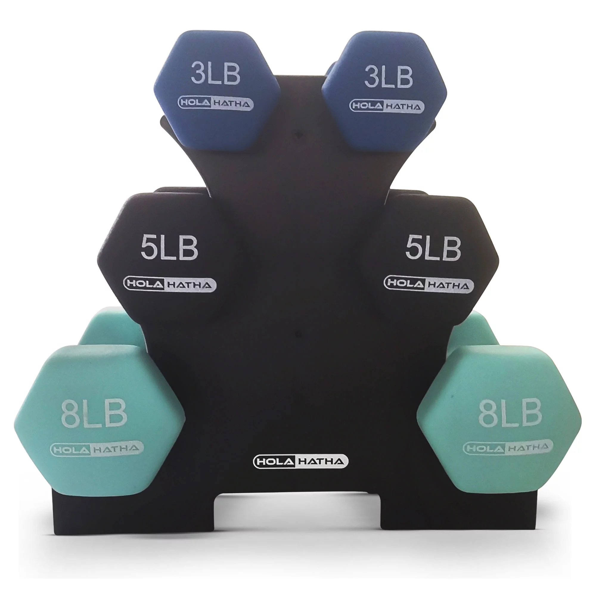 HolaHatha 3, 5, and 8 Pound Dumbbell Hand Weight Set with Storage Rack, Multi - Womvr