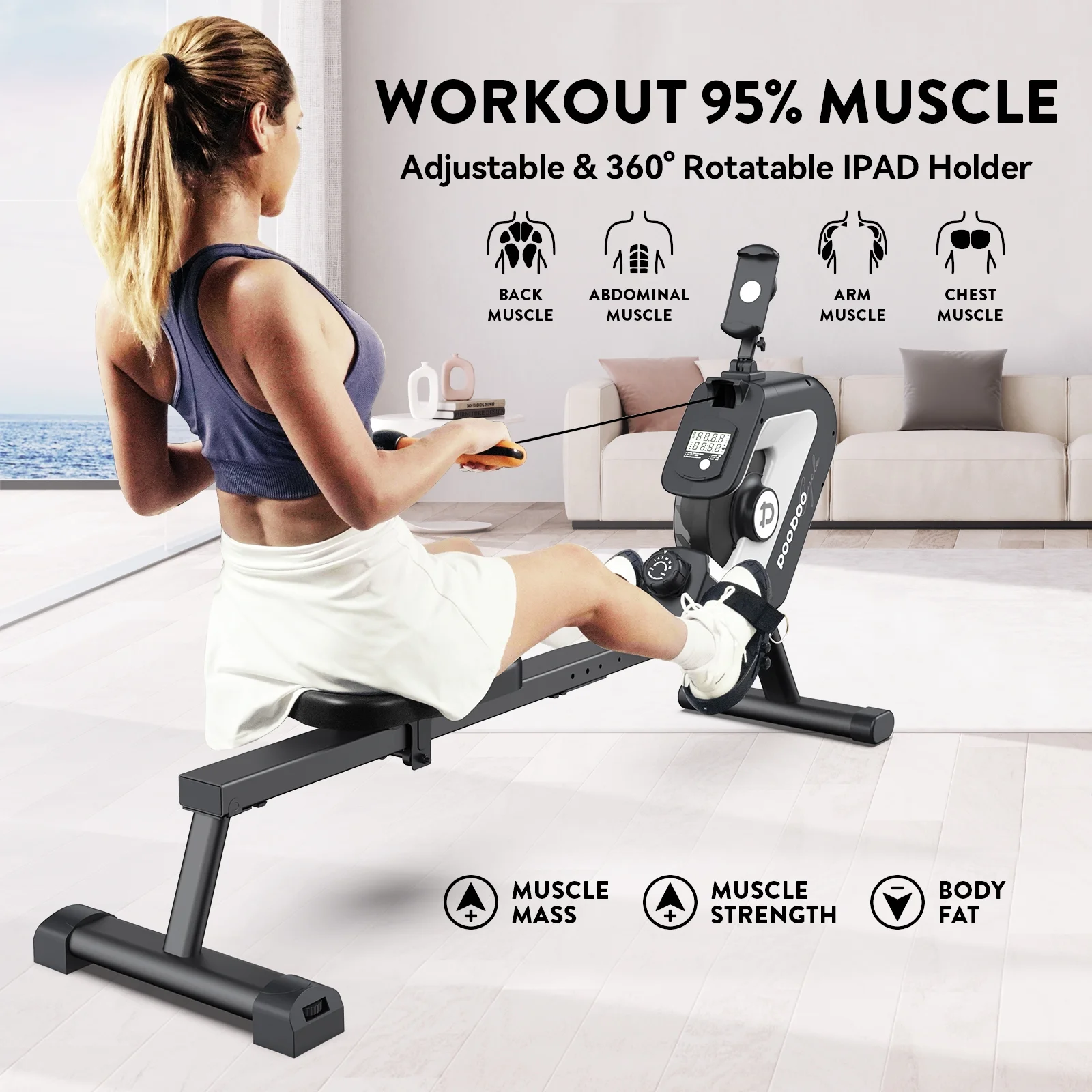 Pooboo Row Machine Magnetic Rowing Machine Indoor Foldable Rower with 8 Level Adjustable Quiet Magnetic Resistance, Ergonomic Seat & LCD Monitor Cardio Exercise Training Max Weight 350 lbs - Womvr