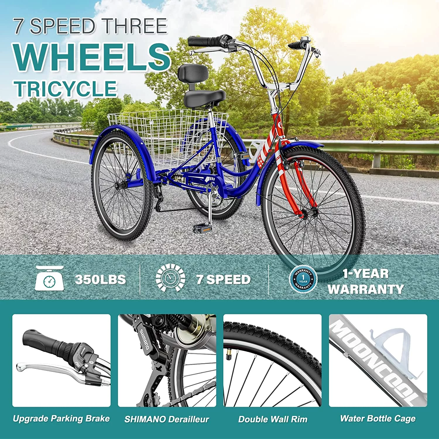 MOONCOOL Adult Tricycles, 3 Wheel 7 Speed Trikes, 20/24/26 inch Adult Trikes 3 Wheeled Bike with Basket for Seniors, Women, Men - Womvr