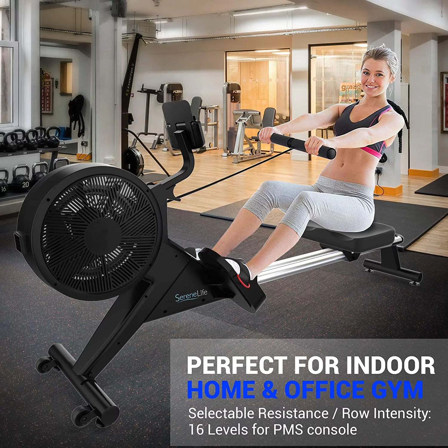 SereneLife Smart Rowing Machine W/ Smartphone Fitness Monitoring App-Row Machine, (Black) - Womvr