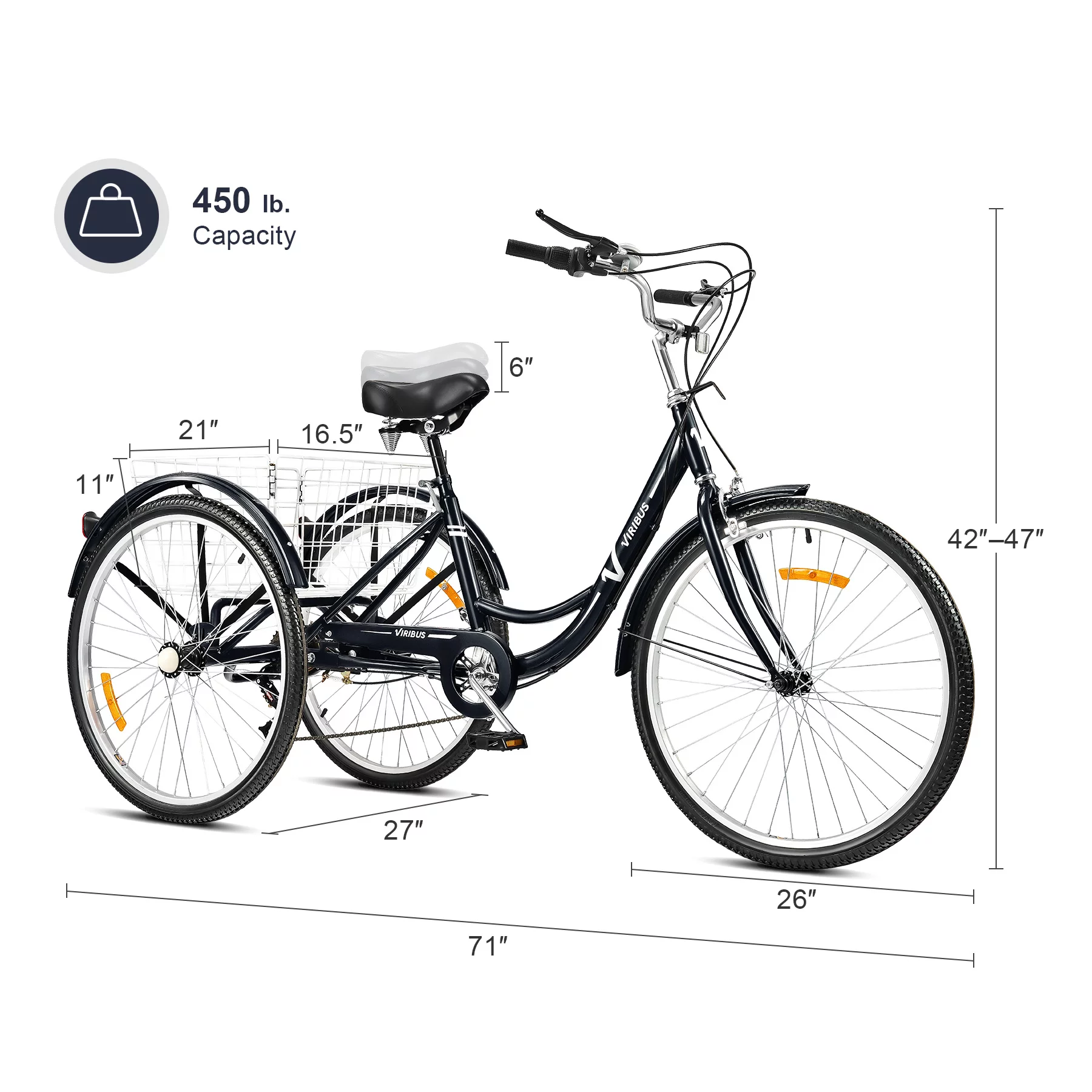 VIRIBUS 26 Inch Adult Tricycle 3 Wheel Bike with 7 Speeds & Basket for Men Women, Black - Womvr