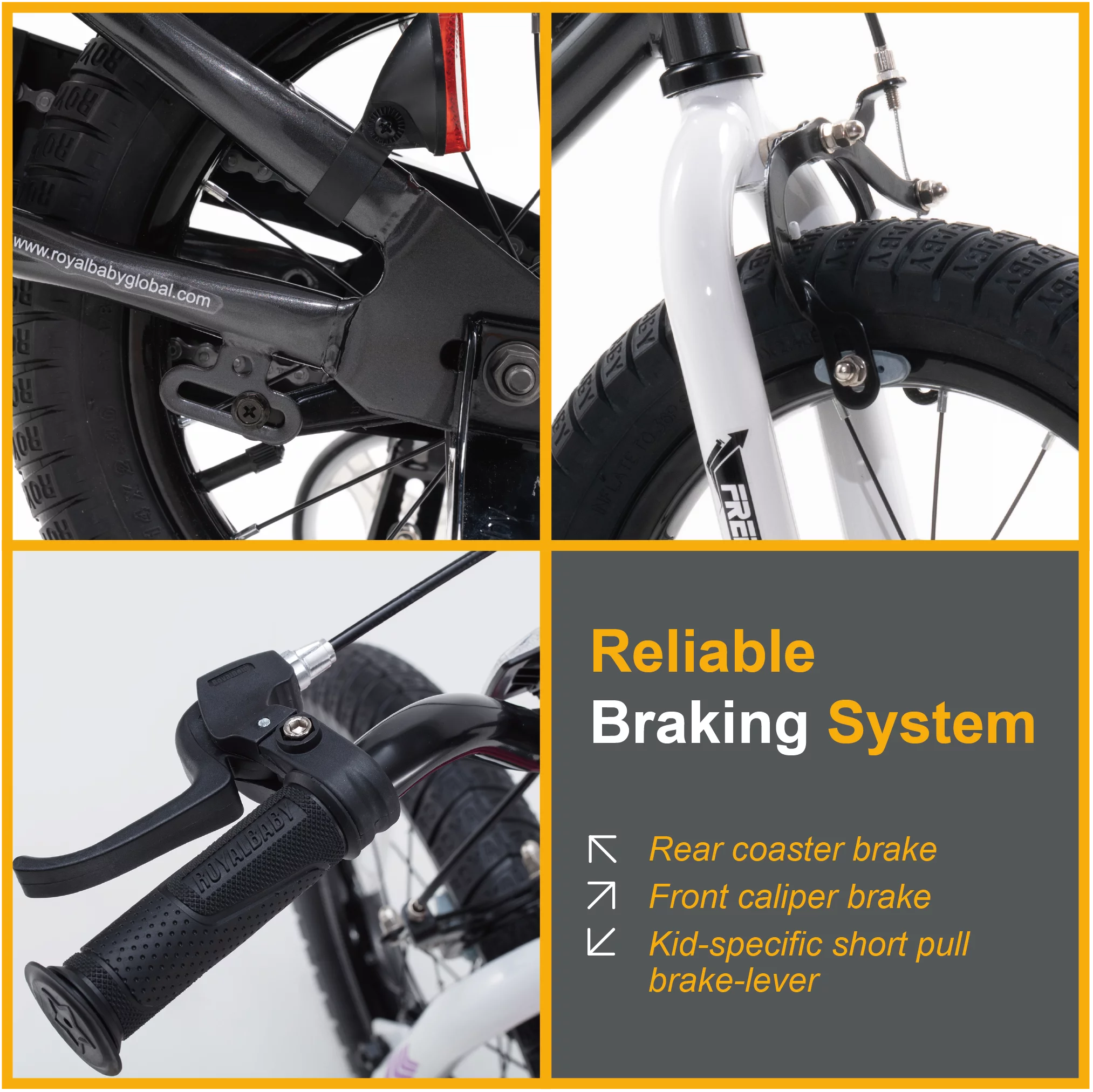 Royalbaby Boys Girls Kids Bike 12 In BMX Freestyle Black 2 Hand Brakes Bicycles with Training Wheels Child Bicycle - Womvr