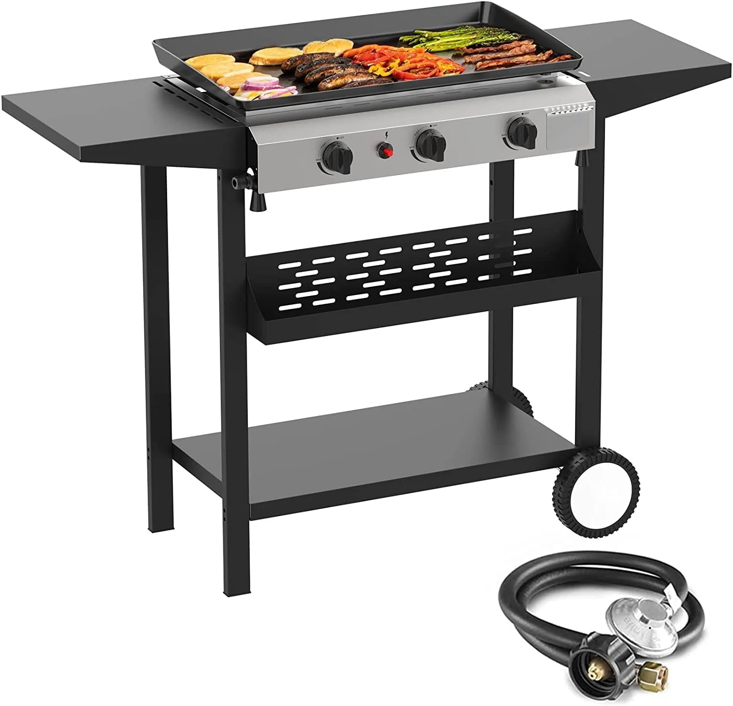 SKOK 3 Burner Gas Griddle-Outdoor Propane Griddle-BTU Propane Fuelled, Portable Flat Top Gas Grill Camping Griddle Station with Side Shelves for Kitchen - Womvr