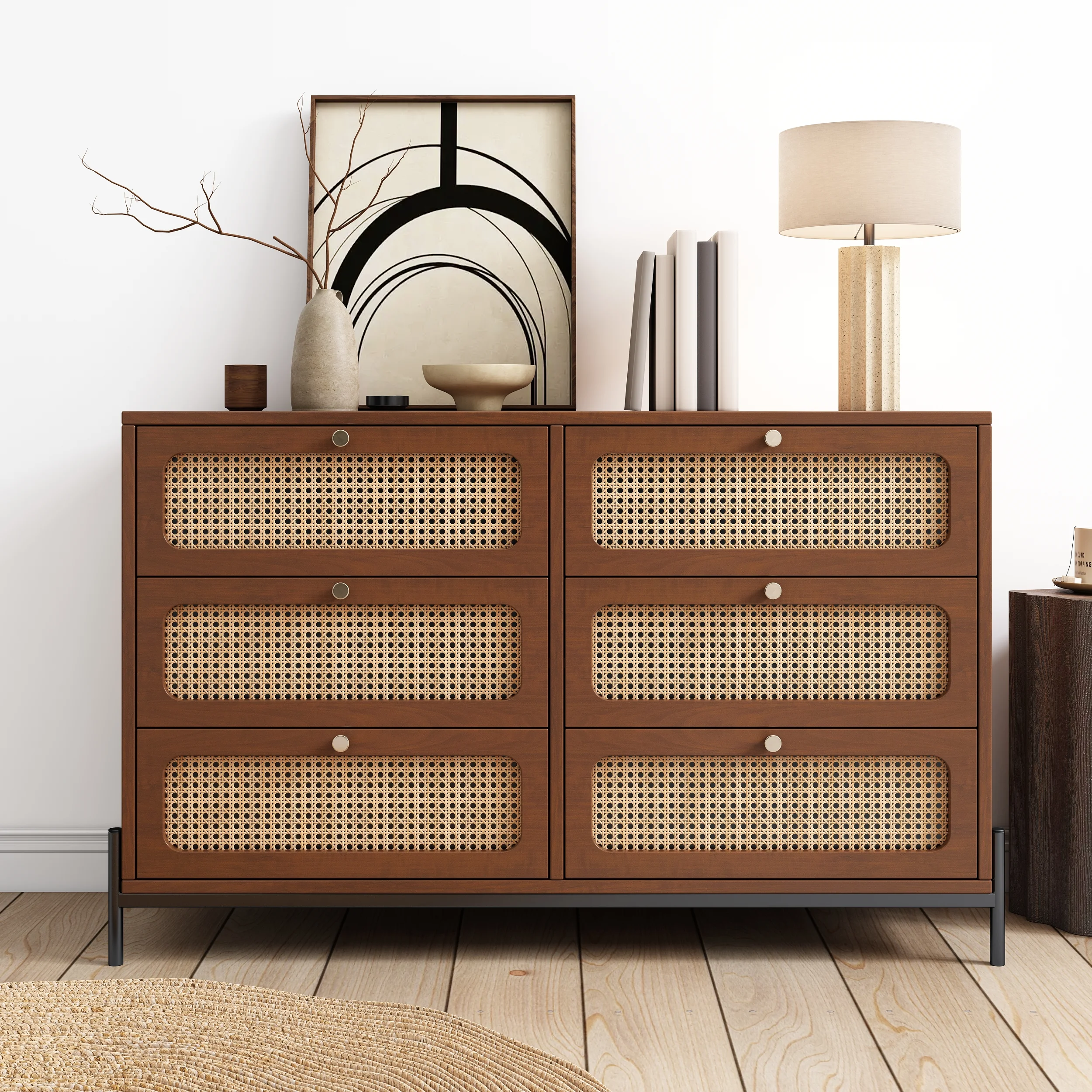 Modern Cannage Rattan Wood Closet 2-Drawer Side Table End Table Nightstand for Bedroom, Living Room, Entryway, Hallway, Walnut - Womvr