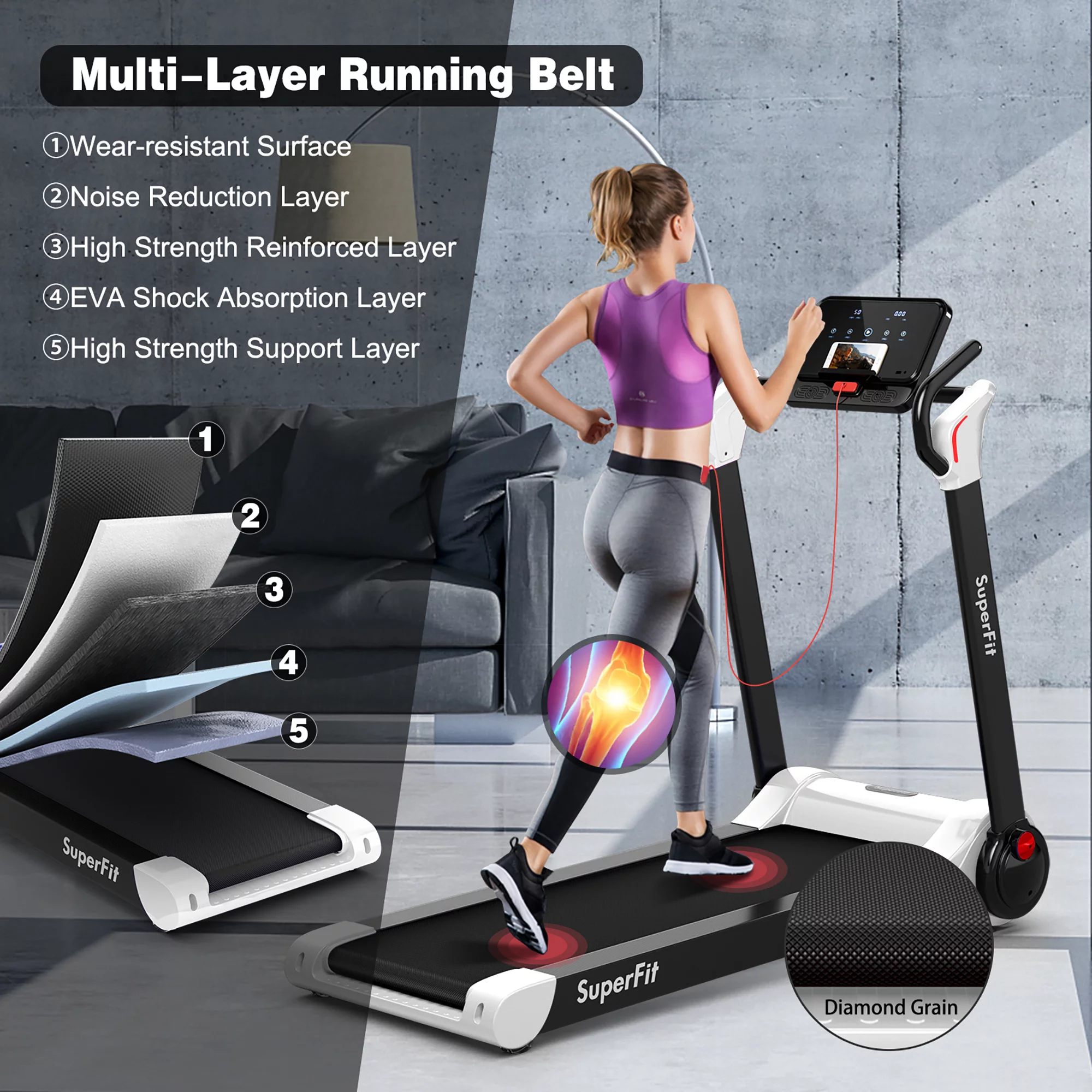 Superfit Folding 2.25HP Electric Treadmill Running Machine APP Control Bluetooth Black - Womvr