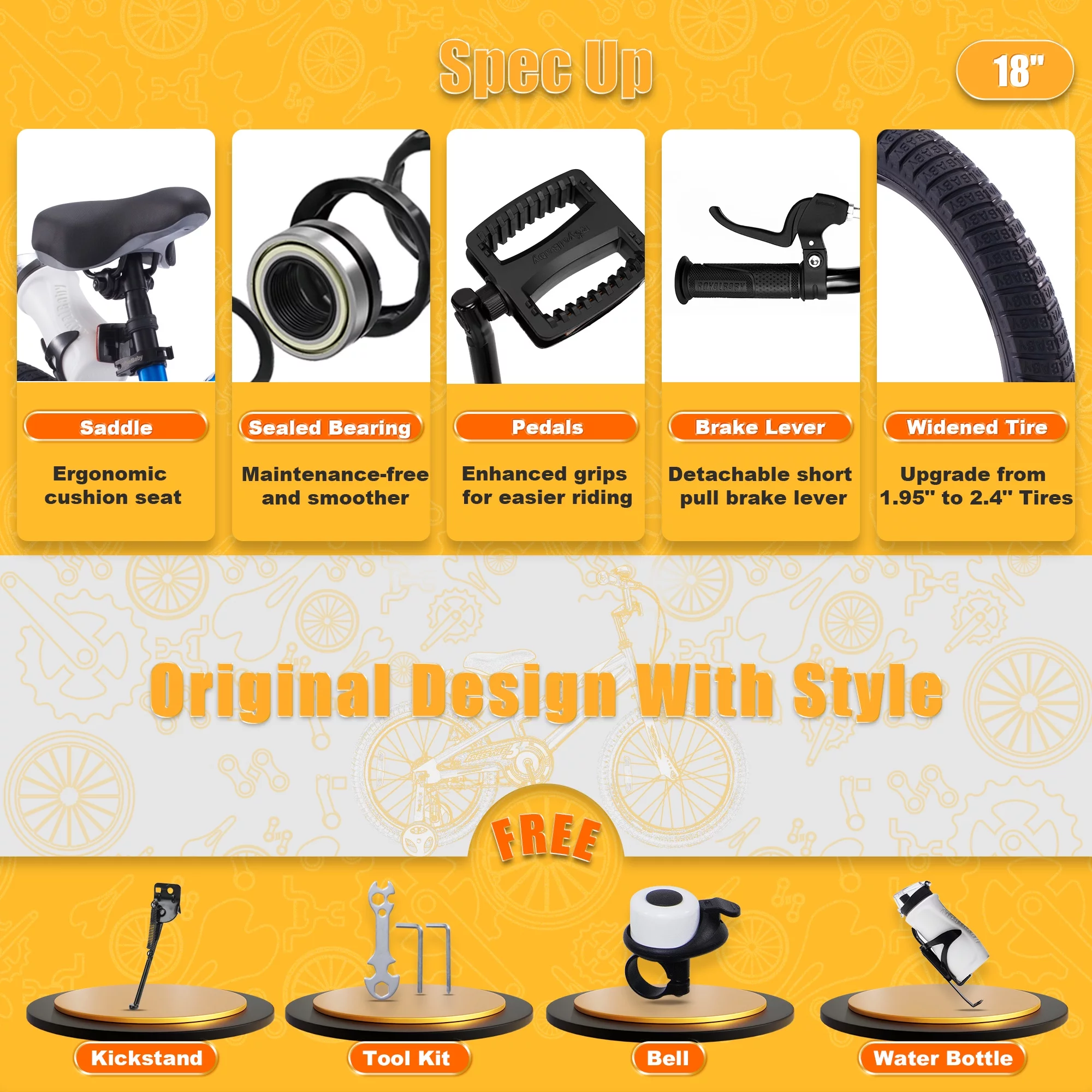 Royalbaby Boys Girls Kids Bike 18 In BMX Freestyle Black 2 Hand Brakes Bicycles with Kickstand - Womvr