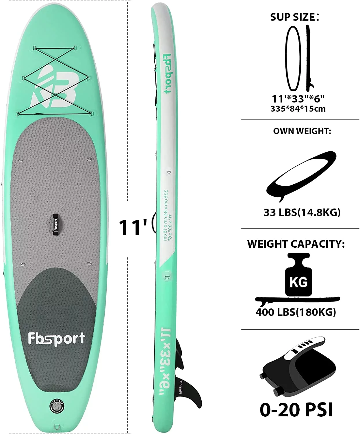 Summer Savings Fbsport 11ft Inflatable Paddle Board SUP, 6'' Thick W/Paddling Fins Electric Pump & Accessories Pack, Green - Womvr