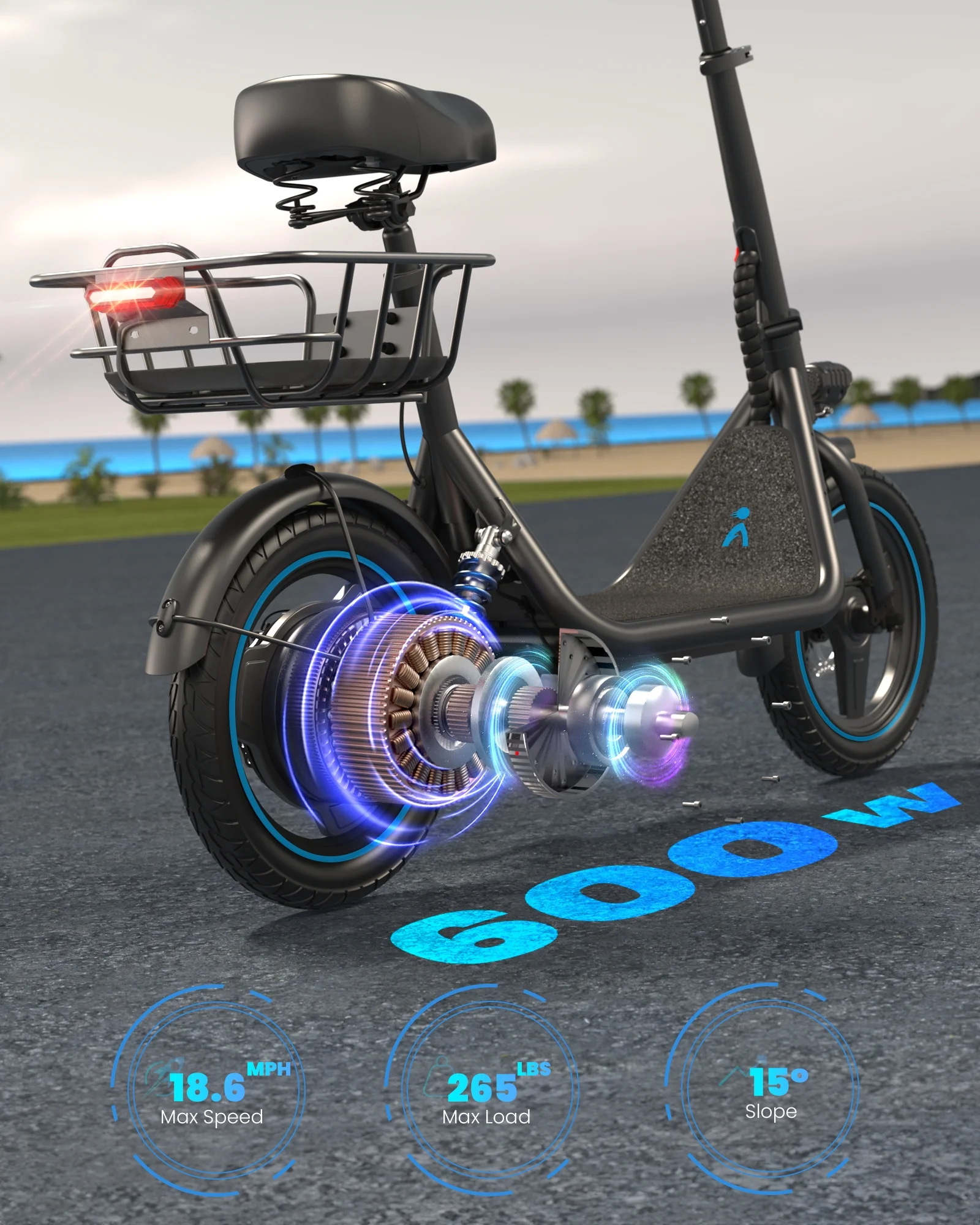 Kistp 600W Electric Scooter with Seat for Adult,14 inch Commuter Electric Scooter with Dual Shock Absorbers and Basket-up to 25 Miles 18.6MPH Rear Basket - Womvr