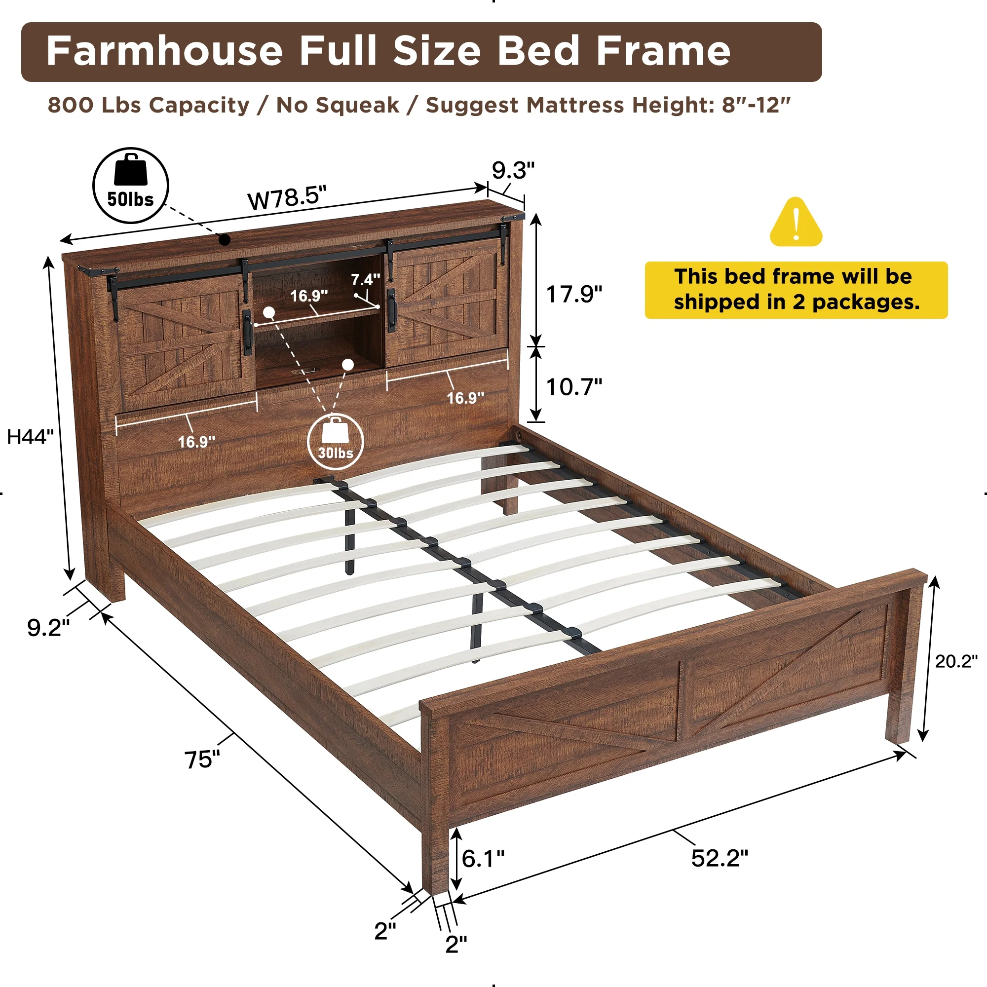OKD Farmhouse Full Bed Frame, Wood Platform Bed with Bookcase Storage Headboard and Charging Station, No Box Spring Needed, Light Rustic Oak - Womvr