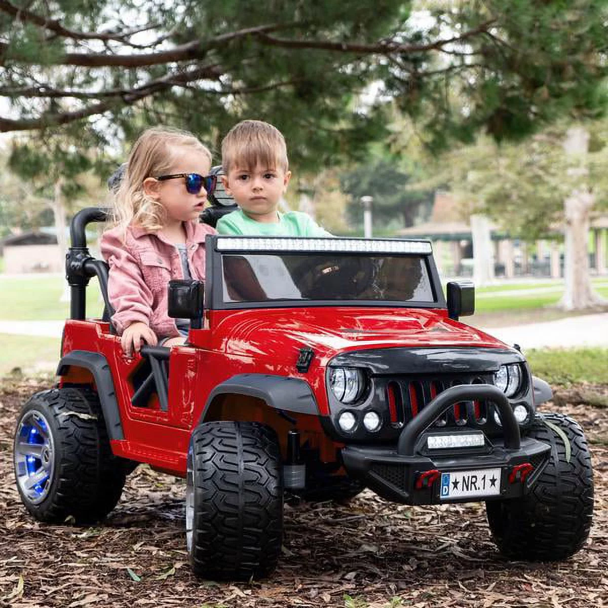 Two (2) Seater 24V Ride On Kids Car Truck with Remote Large Battery Licensed Kid Car to Drive 3 Speeds, Leather Seat, MP3 Music by Bluetooth, FM Radio, Rubber Tires - Womvr