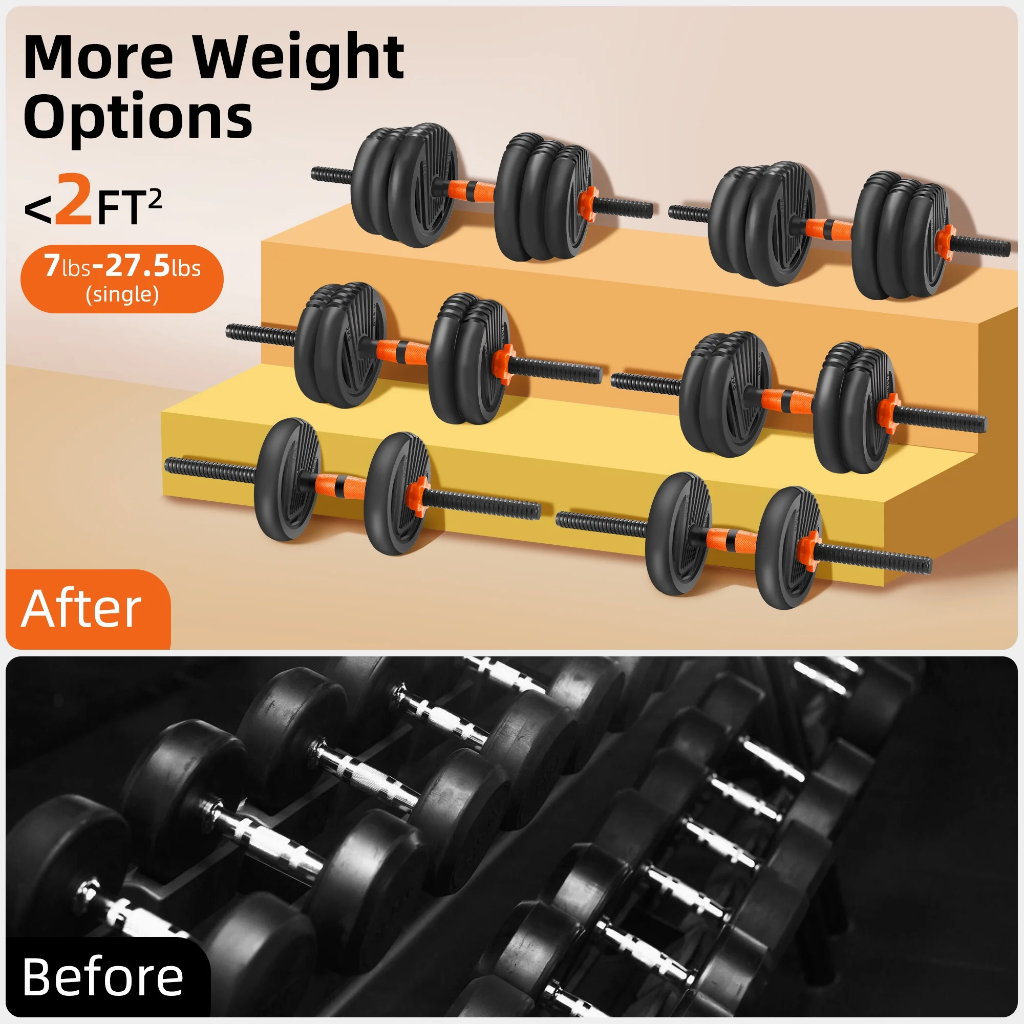 FIXTECH 55 Lbs Adjustable Weight Dumbbell Set - Premium Home Gym Equipment with Dumbbell, Barbell, Kettlebell, Push-Up Modes, Orange - Womvr