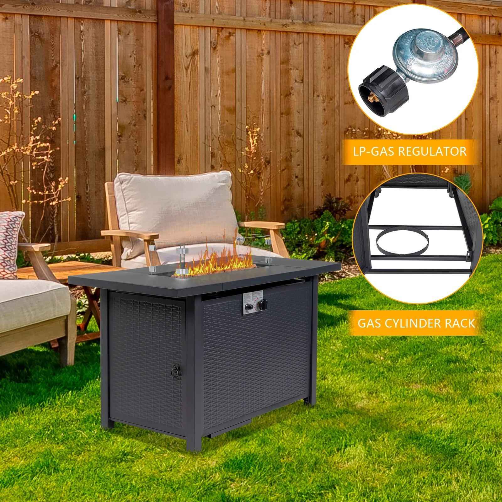 43.3 inch Gas Fire Pit Table, SYNGAR 2-in-1 50,000 BTU Propane Gas Fire Pit Table, Outdoor Propane Fire Pit with Glass Wind Guard, Blue Rocks and Lid, for Patio, Backyard, Garden, Poolside, D4620 - Womvr