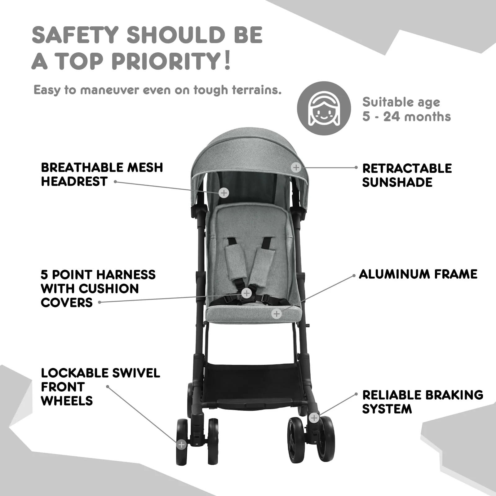 HARPPA Lightweight Travel Stroller, Compact Umbrella Stroller for Babies, Easy Folding, Black - Womvr