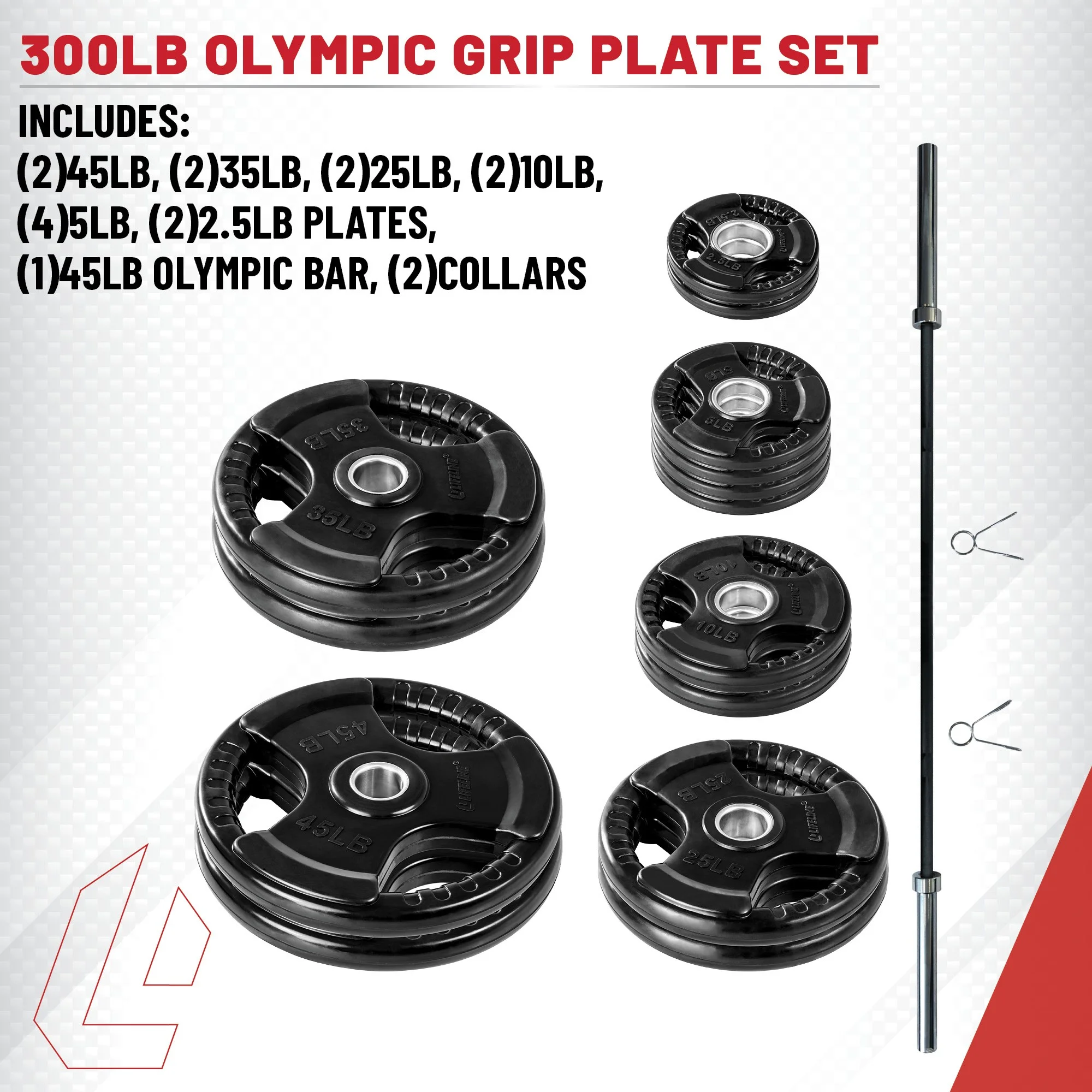 Lifeline Fitness 400 LB Olympic Weight Set - Rubber Coated Olympic Weight Plates, Barbell, and Clips - Womvr