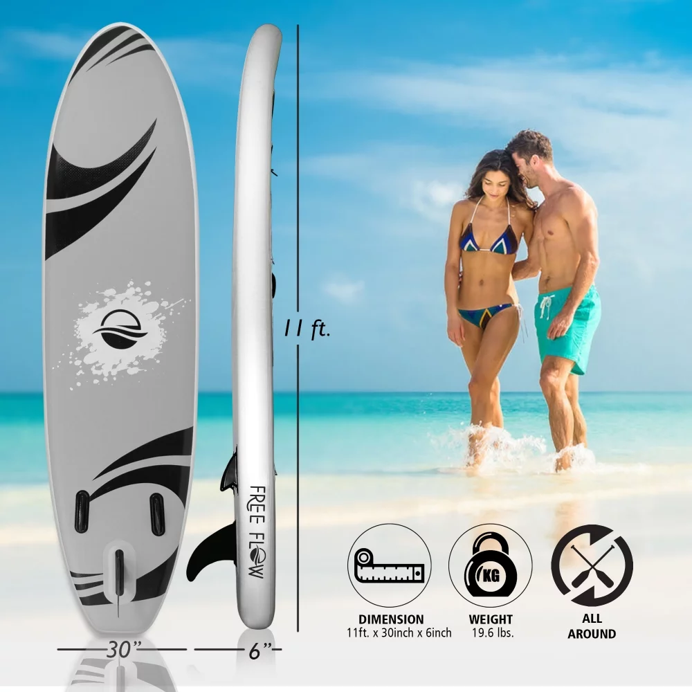 SereneLife 11 Foot Free Flow Inflatable SUP Stand Up Paddle Board Kit, White - Womvr