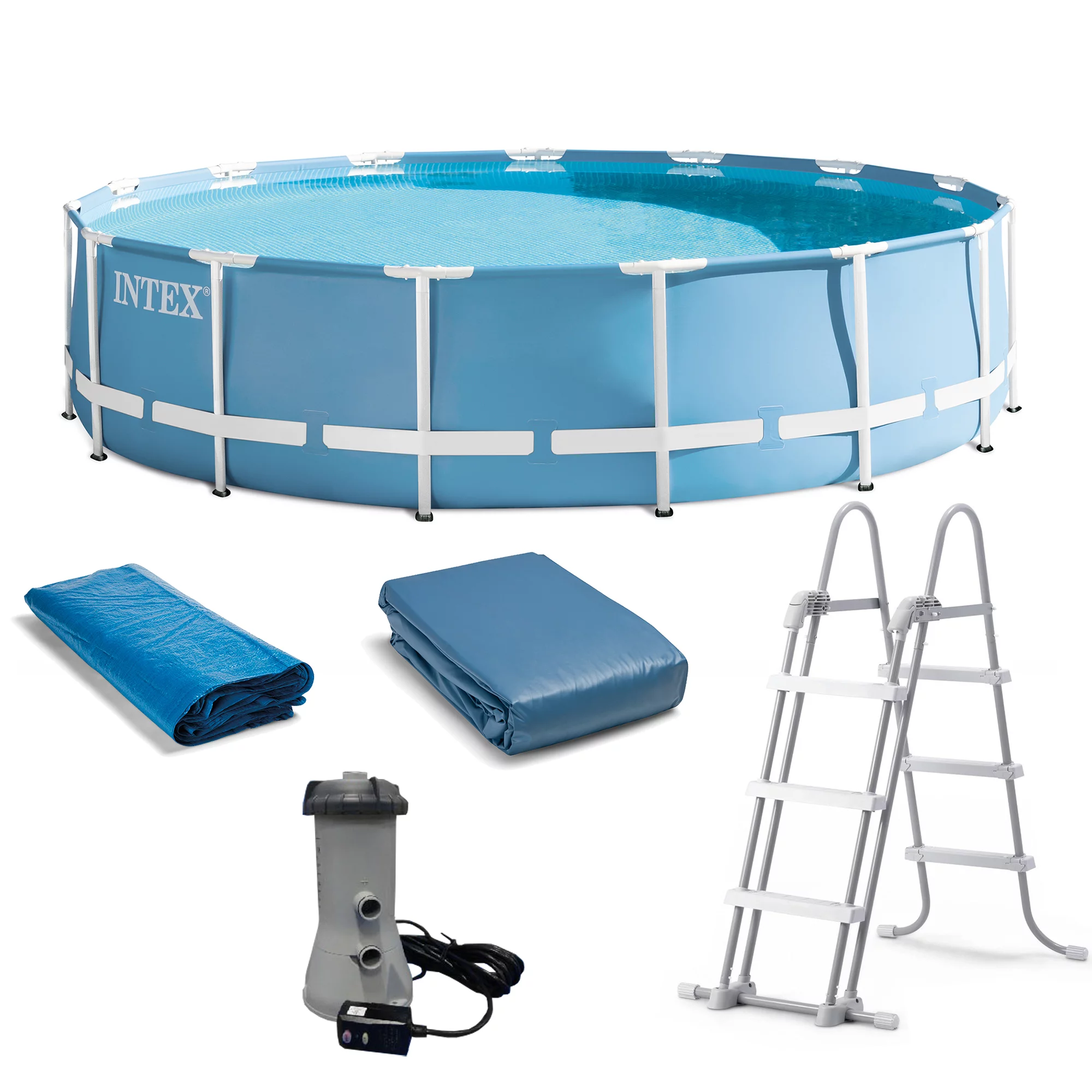 Intex 15 Feet x 48 Inches Prism Frame Swimming Pool Set w/ Ladder, Cover, & Pump - Womvr