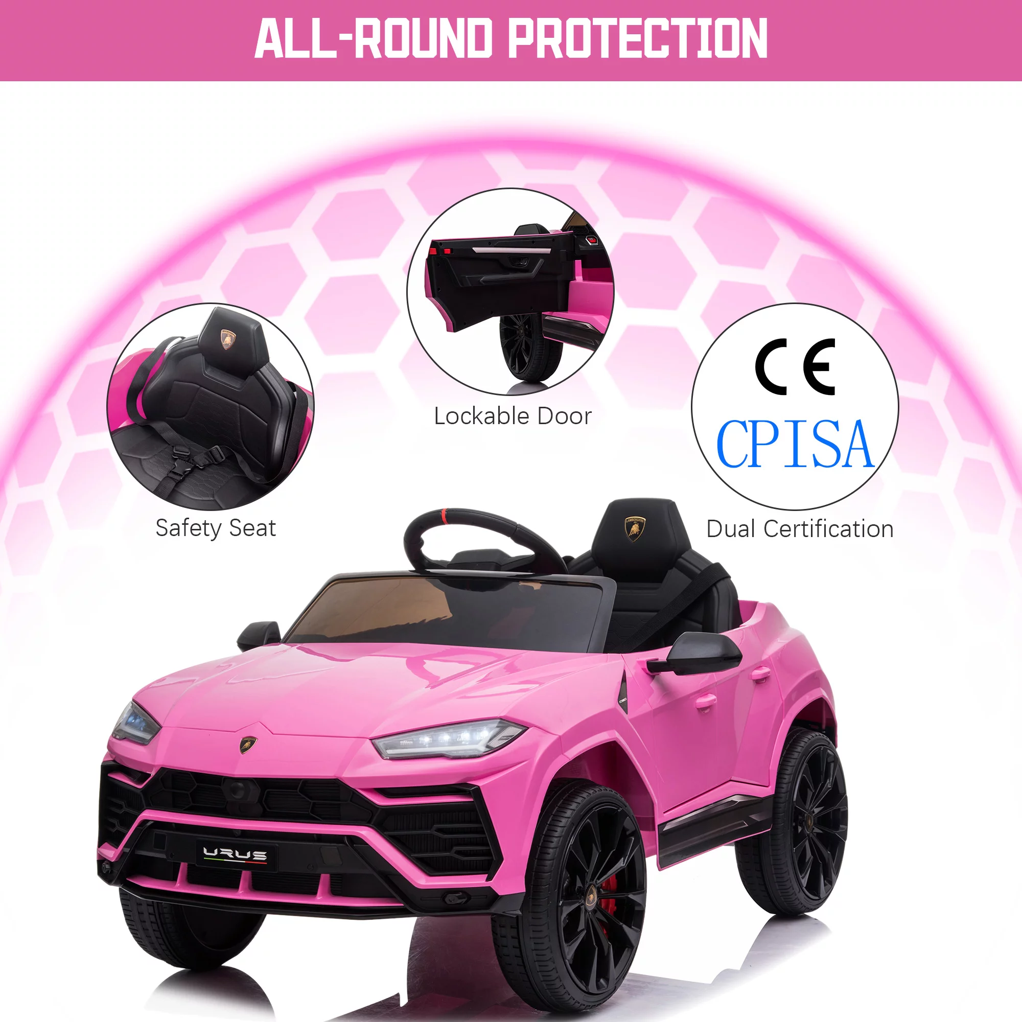 Seizeen 12V Kids Ride On Cars Battery Powered, Lamborghini Ride on Toy w/ Remote Control, 3 Speeds, Music Player, Ride On Cars for Kids As Best Gift for Girls Boys, Pink - Womvr