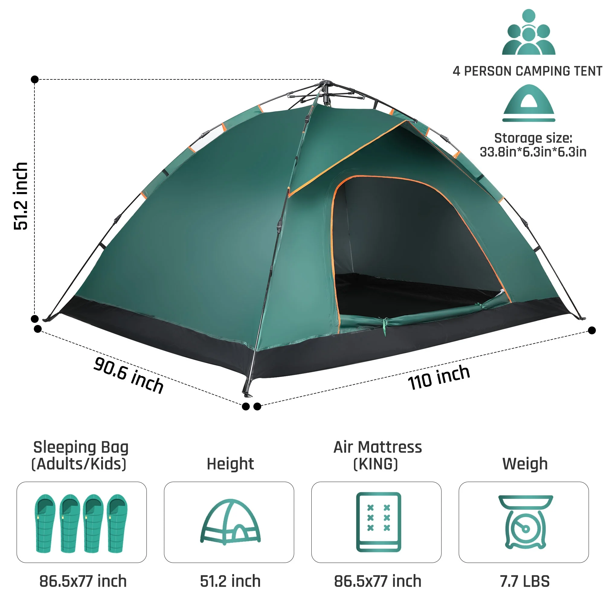 4 Person Camping Tent, GVDV Instant Easy Pop up Tents for Camping Family, 110
