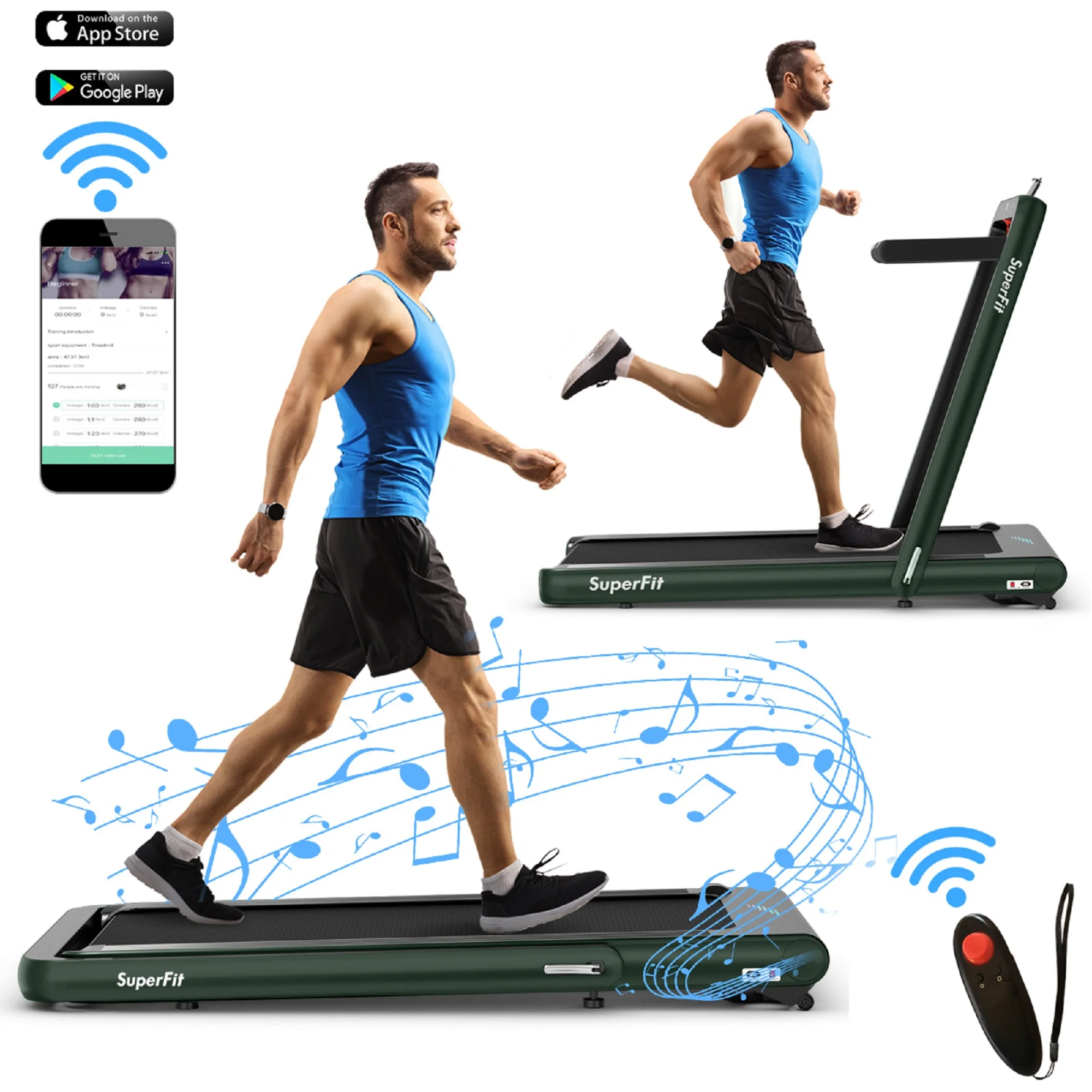 SuperFit 4.75HP 2 In 1 Folding Treadmill W/Remote APP Control White - Womvr