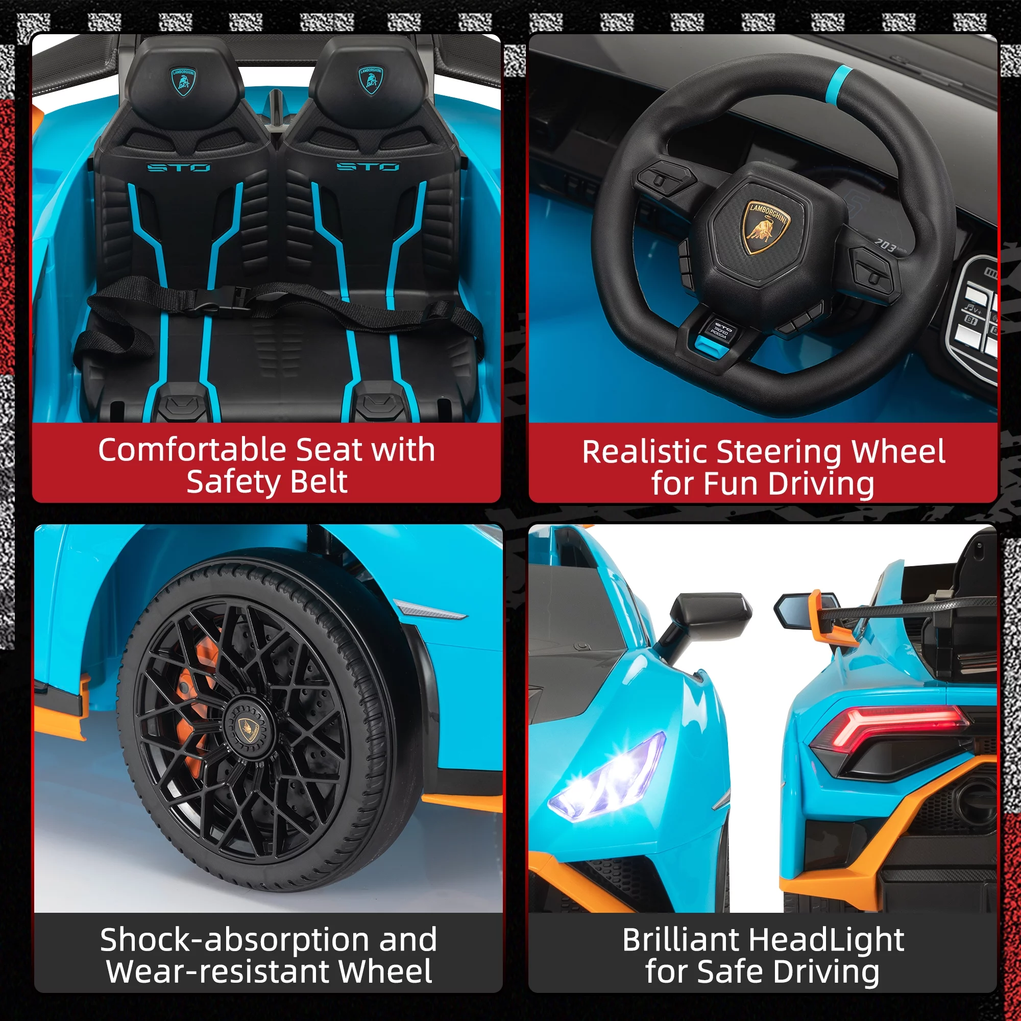 TOBBI 24V Lamborghini STO Licensed Kids Ride on Drift Car Gray Electric Car W/Remote Control LED Lights, up to 10 mph - Womvr