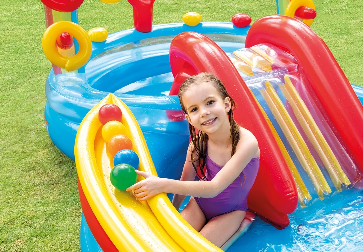 Intex Rainbow Ring Inflatable Play Center w/ Slide, 9'9 x 6'4 x 4'5 - Womvr