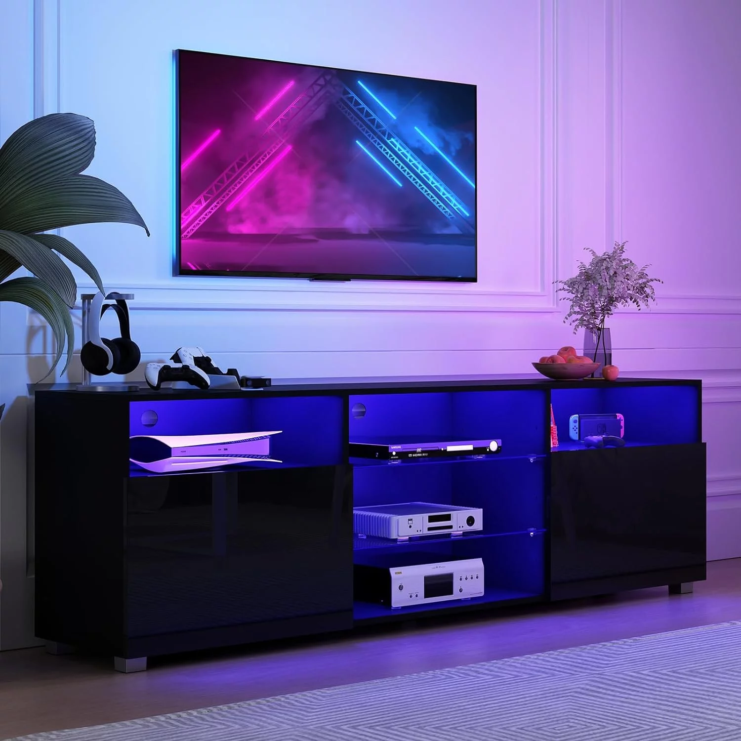 ChVans LED TV Stand for 65/70inch, High Glass Modern Entertainment Center with LED Lights and Glossy Cabinets(Black-65