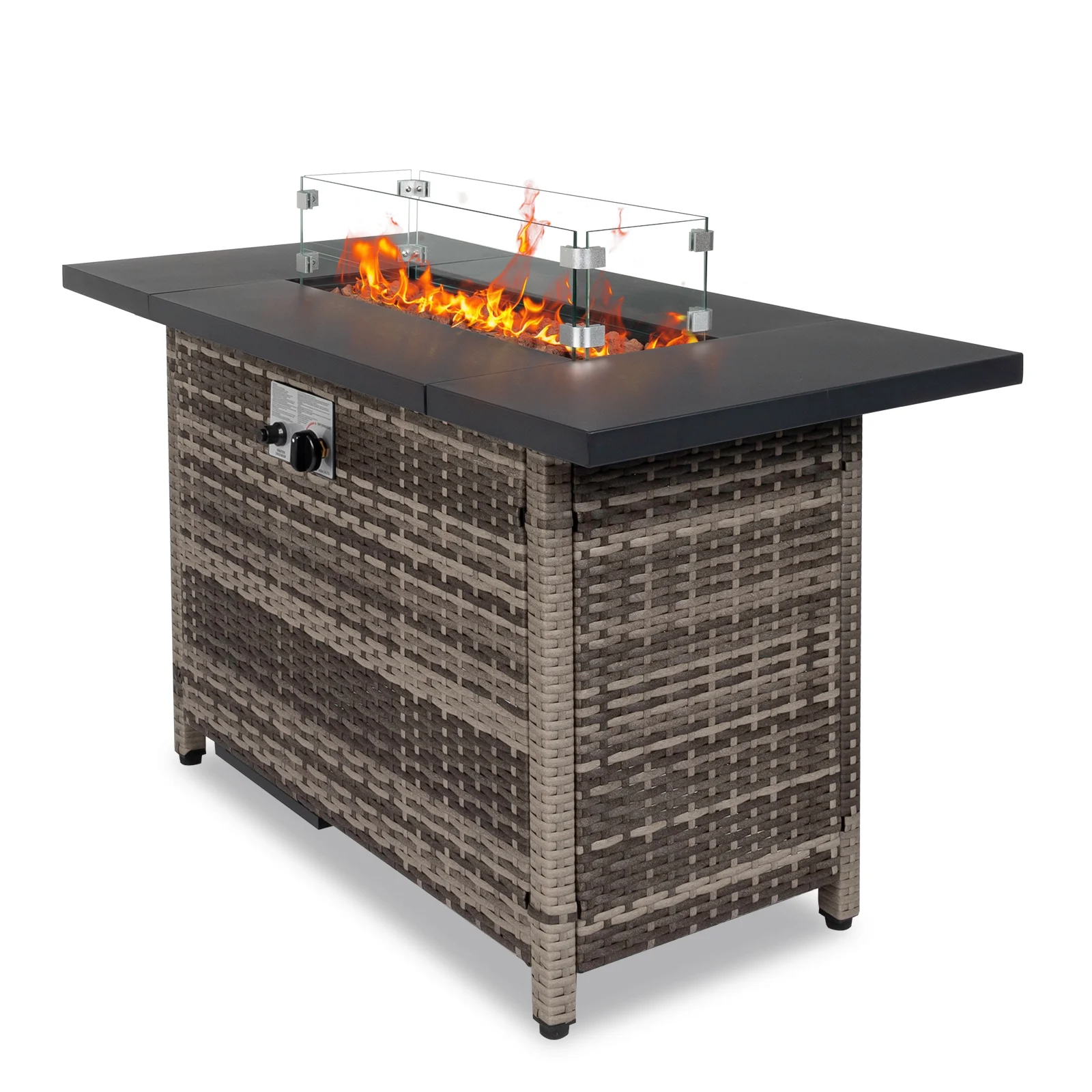 43.3 inch Gas Fire Pit Table, SYNGAR 2-in-1 50,000 BTU Propane Gas Fire Pit Table, Outdoor Propane Fire Pit with Glass Wind Guard, Blue Rocks and Lid, for Patio, Backyard, Garden, Poolside, D4620 - Womvr