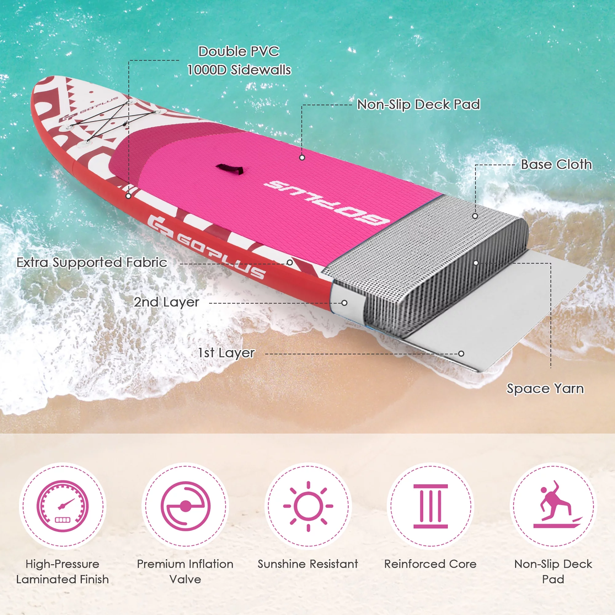 Goplus 10.5'Inflatable Stand Up Paddle Board SUP W/Carrying Bag Aluminum Paddle Pink - Womvr