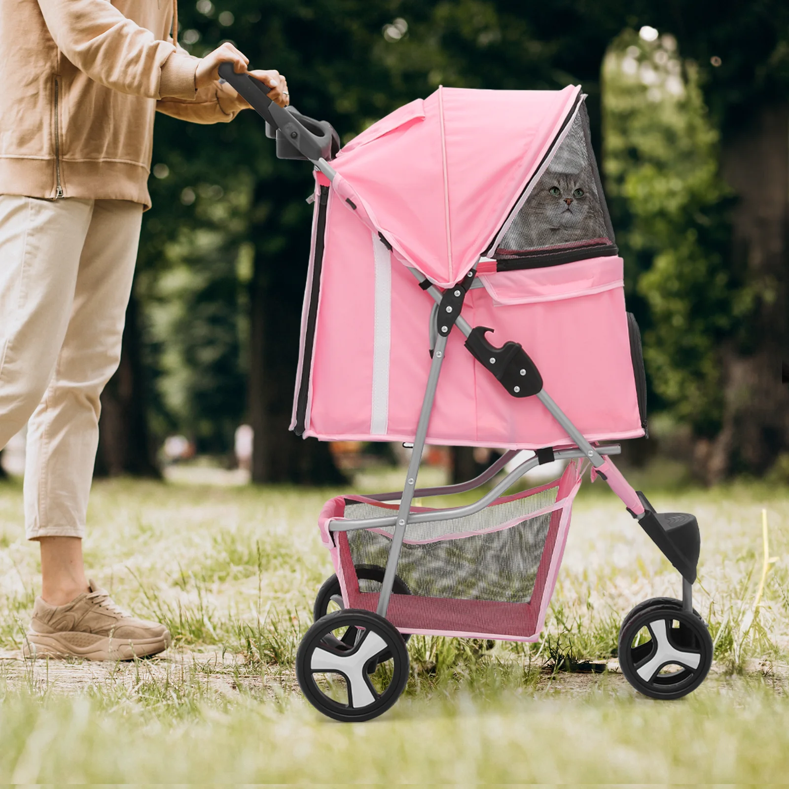 Magshion Foldable Pet Dog Stroller with Wheels, Cat Dog Stroller with Storage Basket and Cup Holder for Small and Medium Cats, Dogs, Puppy, Navy Blue - Womvr