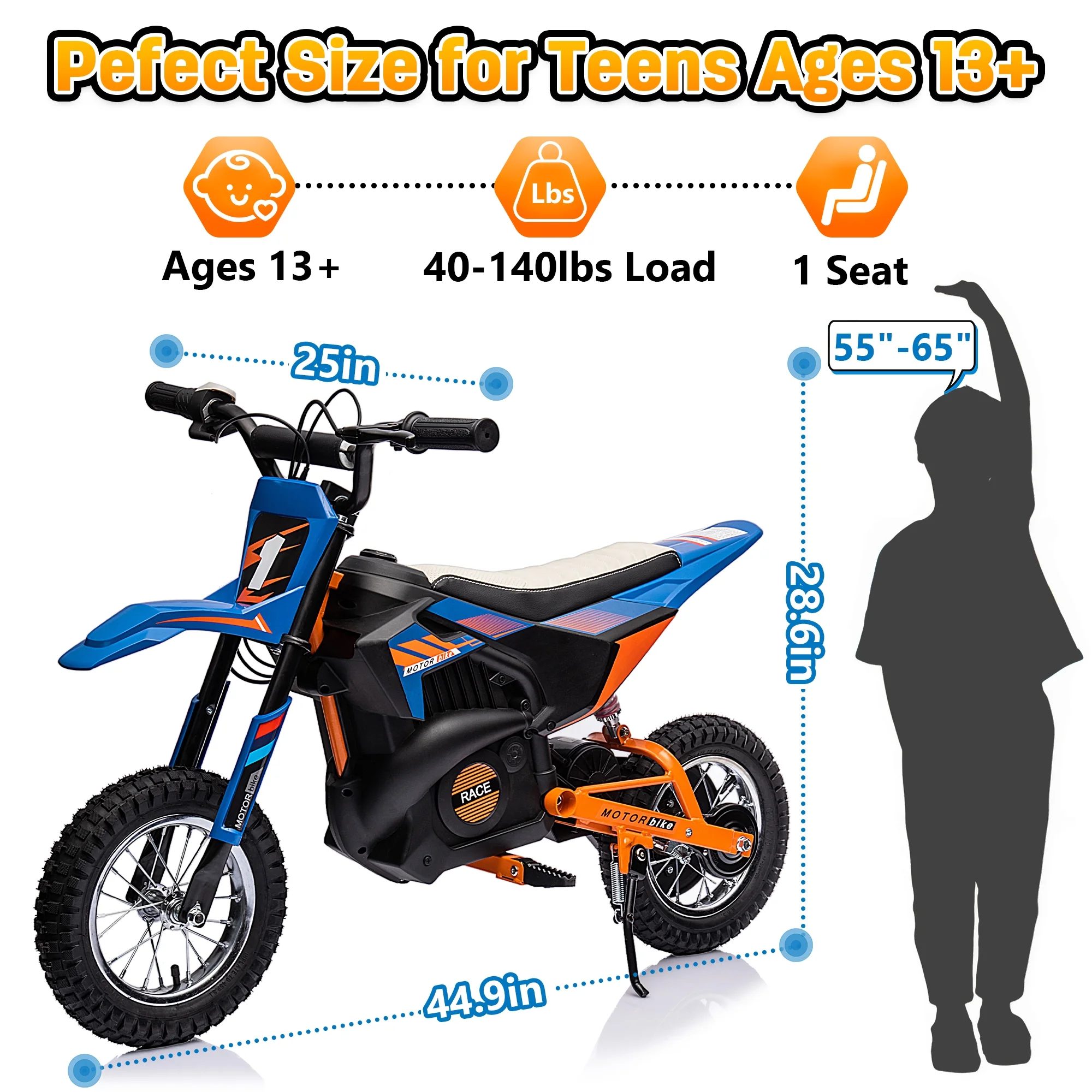 Wisairt 24V Dirt Electric Ride on Motocross Bike for Kids and Teens 13+ Between 40 and 140 lbs(Blue & Orange) - Womvr