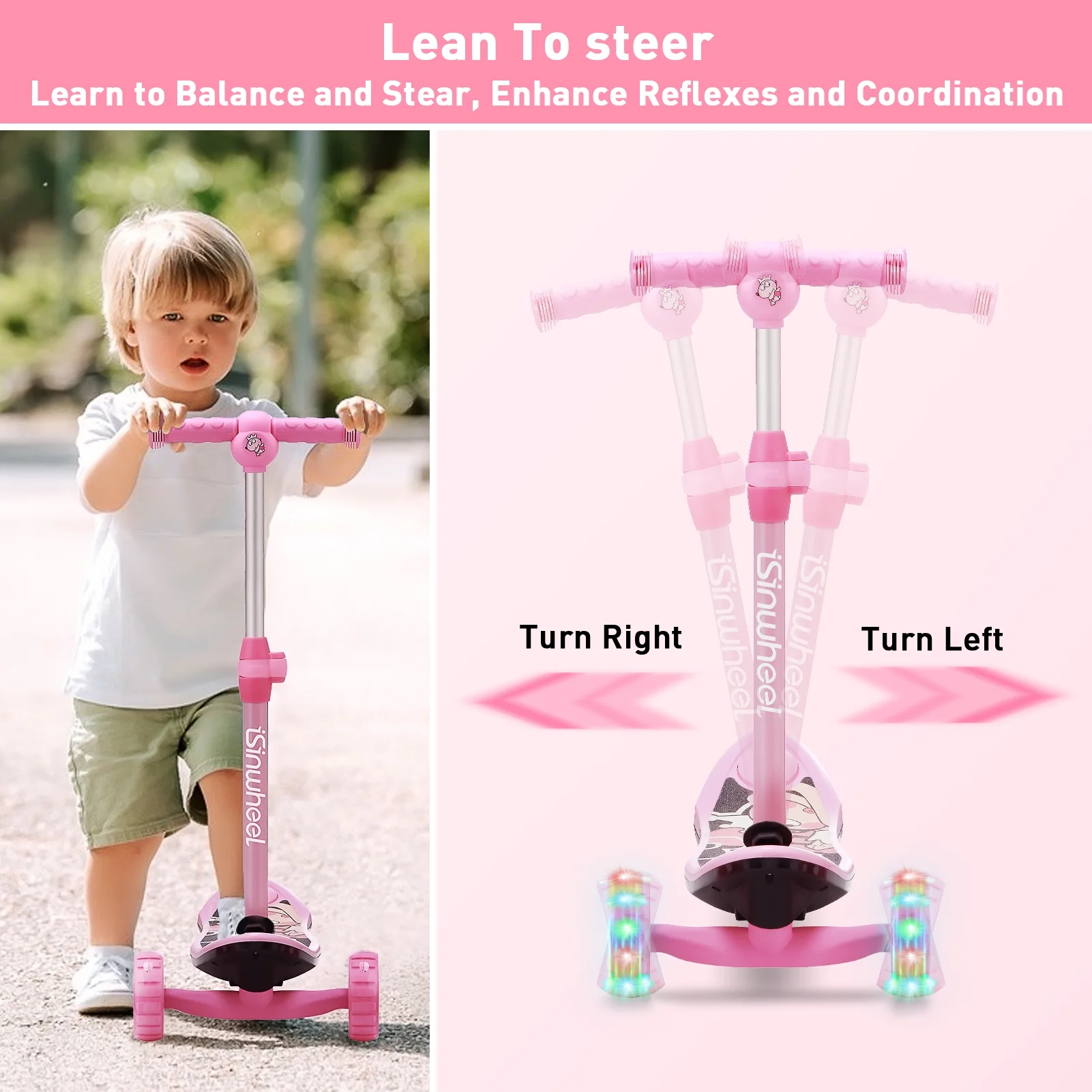 isinwheel Mini 2 in 1 Electric Scooter for Kids, 3 Wheel Electric Scooter, Height Adjustable Lean to Steer Kick Scooter with Flashing Wheels - Womvr
