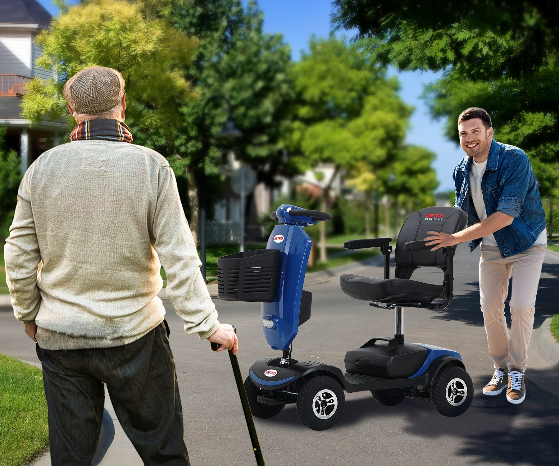 Folding 4 Wheels Mobility Scooter with USB Charging Port, Windshield, LED Head and Rear Light - Blue - Womvr