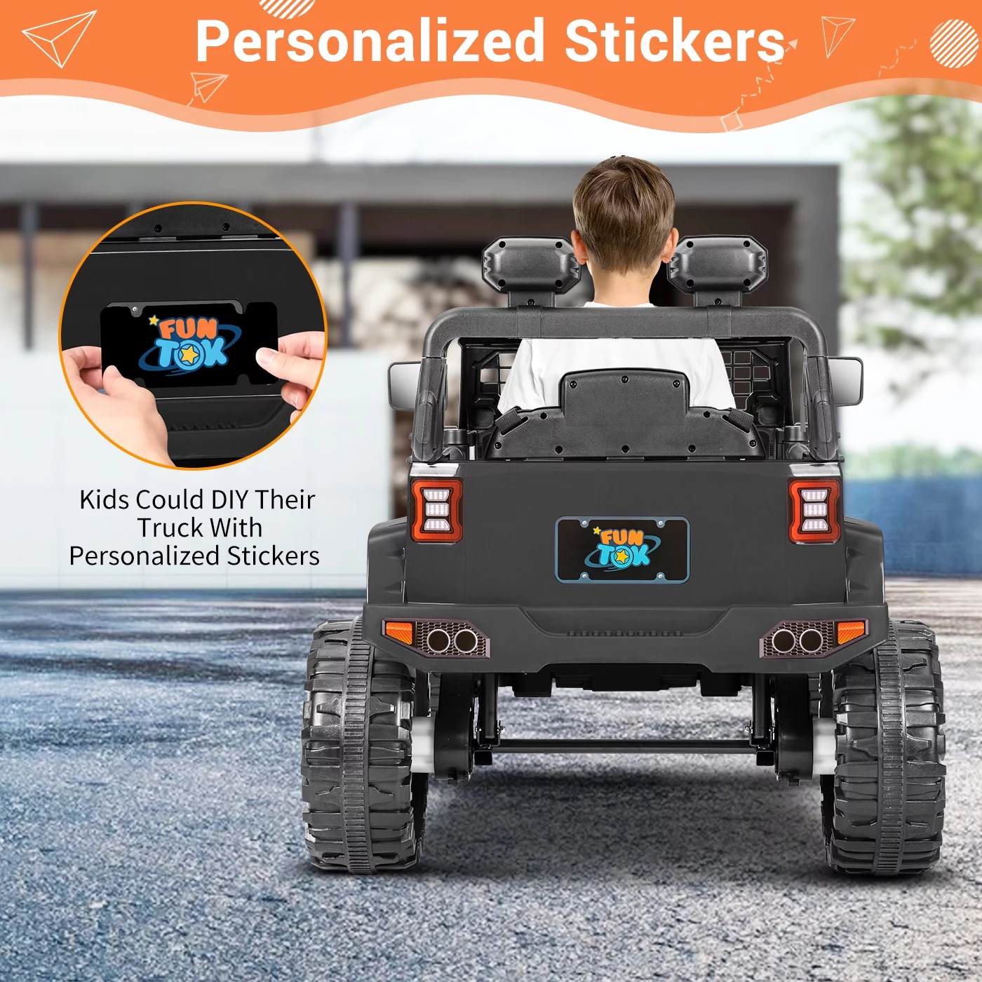 FUNTOK Kids 12V Electric Ride on Toy Car with Remote Control, Spring Suspension, DIY Stickers and Music Player - Womvr