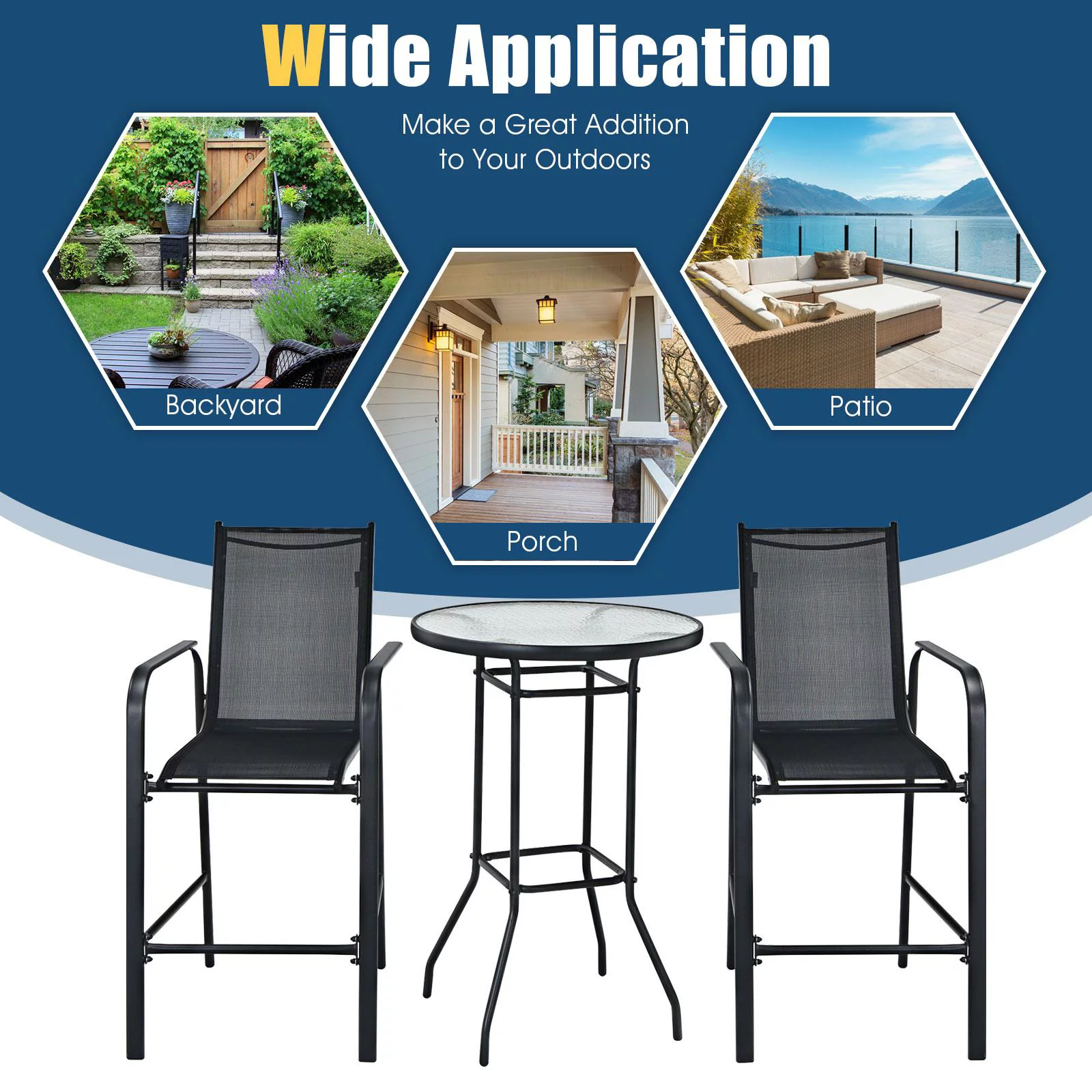 Giantex 3 Pieces Outdoor Patio Bar Set, Outdoor Bistro Set with 2 Bar Stools and 1 Tempered Glass Bar Table, Bar Height Patio Table and Stools Set for Backyard, Garden, Lawn (Black) - Womvr