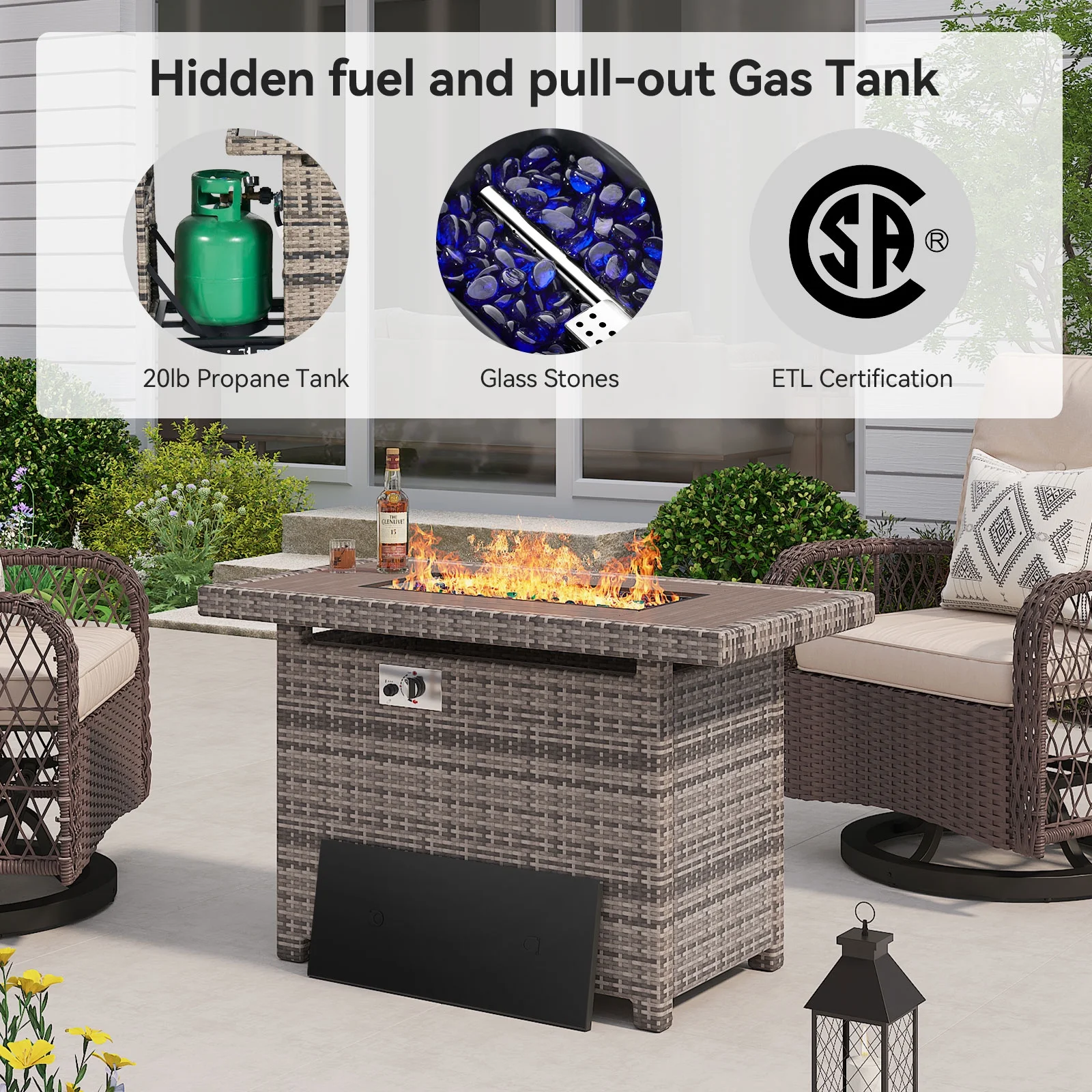 Aoxun 40'' Fire Pit Table 50,000 BTU Propane Gas Fire Pit Table W/ Cover, Glass Beads, Tank Holder, Gray Wicker - Womvr