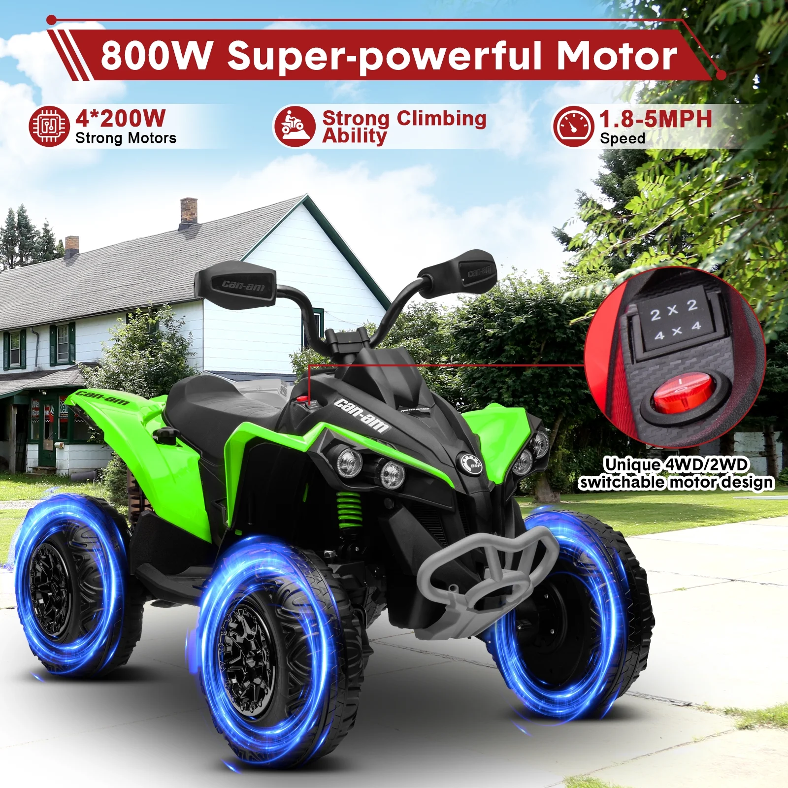 24V Ride on Toys, 4 Wheeler ATV for Kids with 2 Seater, 4x200W Motors, 4WD/2WD Switchable, Khaki - Womvr
