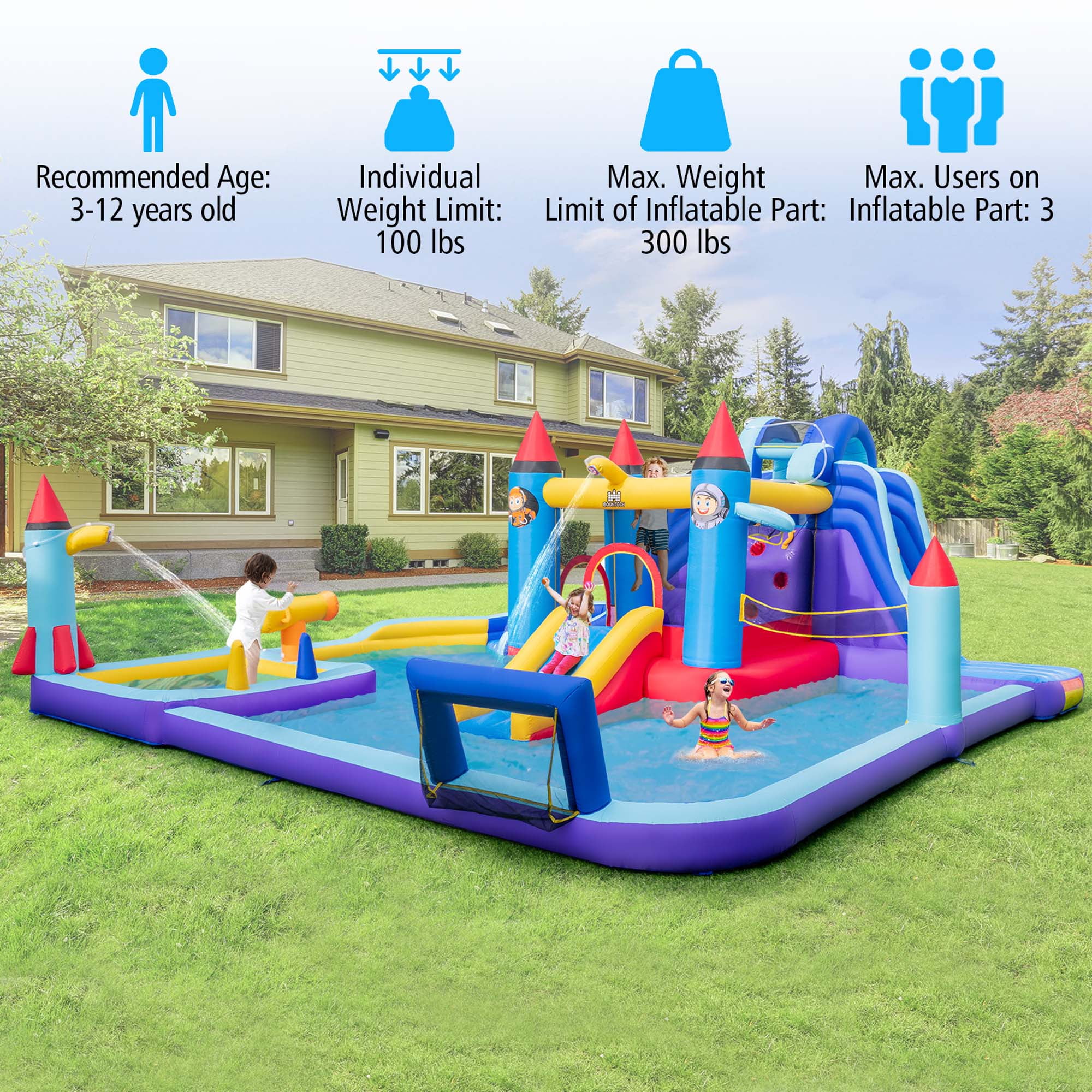 Costway Rocket Theme Inflatable Water Slide Park with 2 Slides Splash Pool without Blower - Womvr