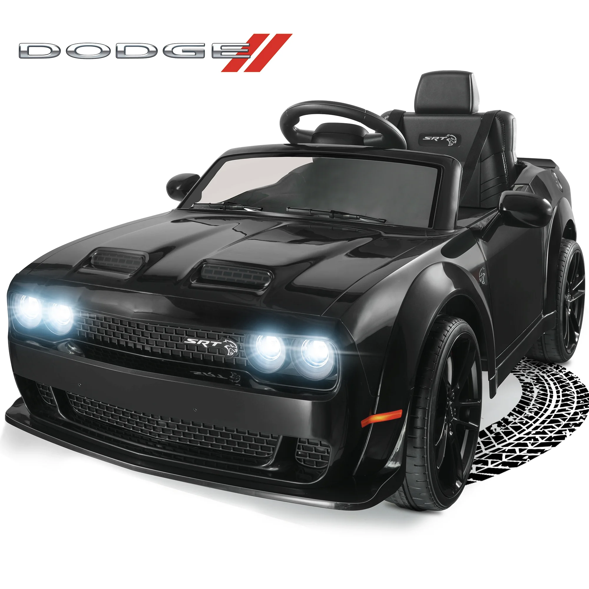 Dodge Challenger 12 V Powered Ride On Car with Remote Control, SRT Hellcat Toys for Kids, Black - Womvr
