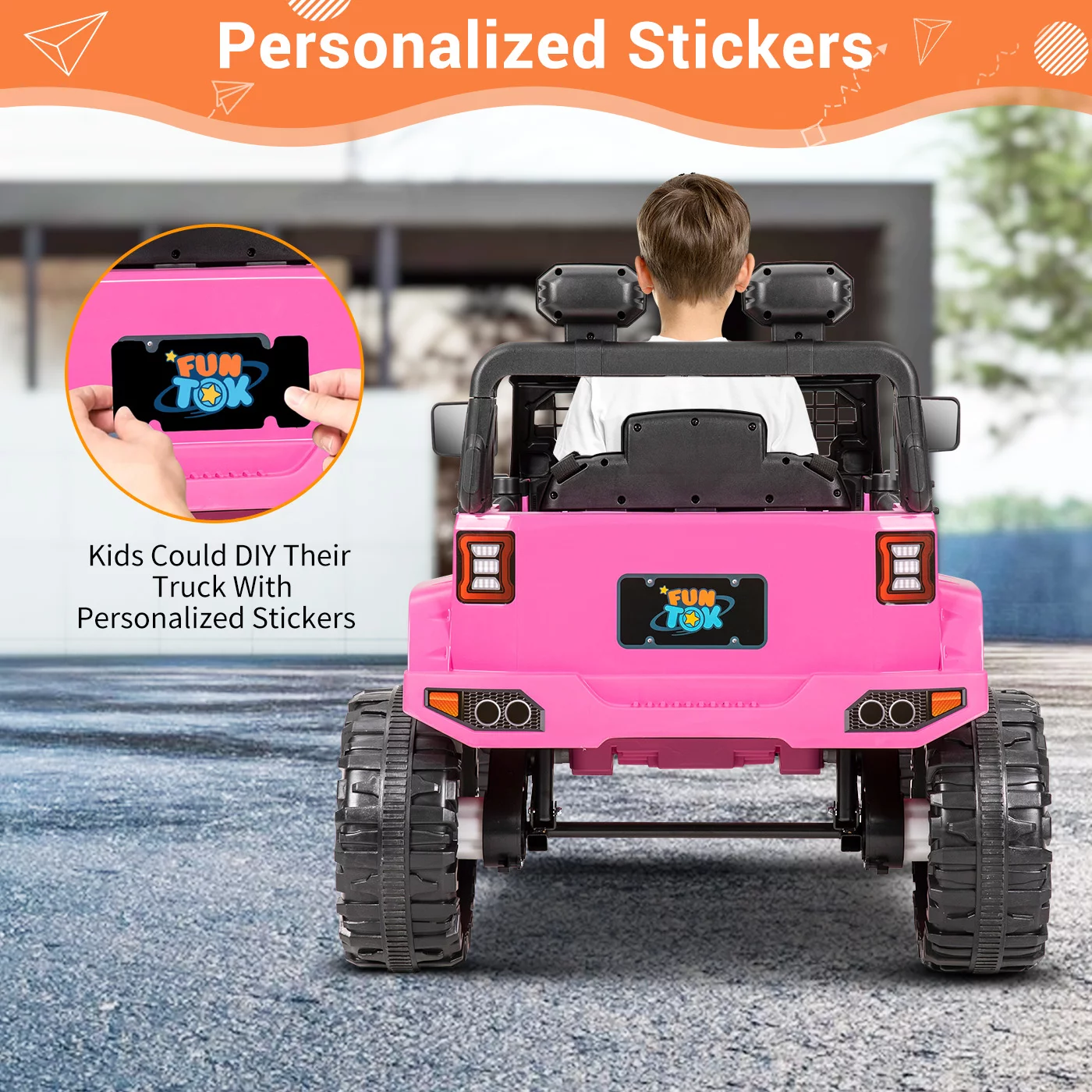 FUNTOK Kids 12V Electric Ride on Toy Car with Remote Control, Spring Suspension, DIY Stickers and Music Player - Womvr