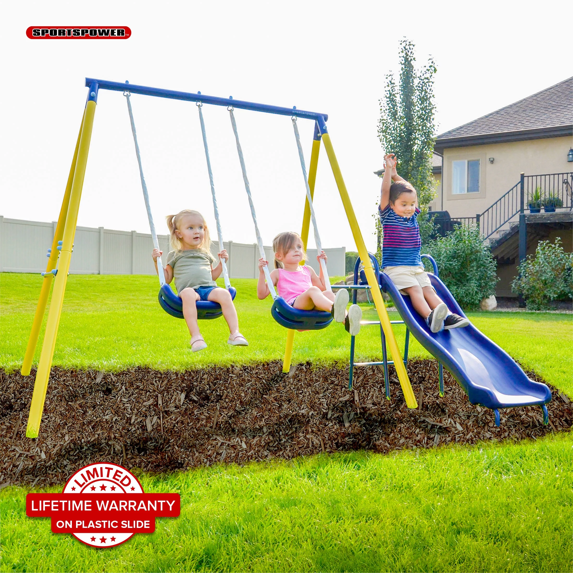 Sportspower Power Play Time Metal Swing Set with 2 Swings and Lifetime Warranty on Blow Molded Slide - Womvr