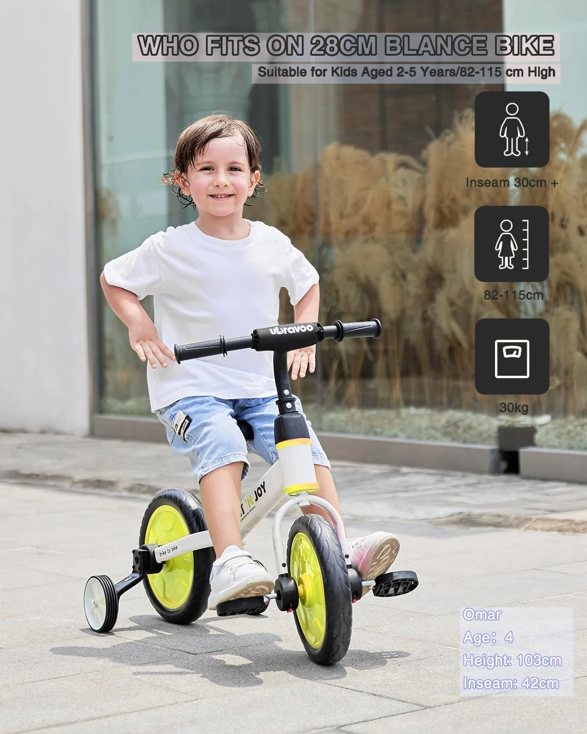 Ubravoo Fit 'n Joy Toddler Balance Bike,4-in-1 Starter Kids Training Bicycle,Rear Single Rod,Blue - Womvr