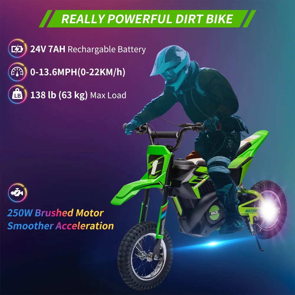 EastVita 24V 250W Electric Off-Road Motorcycle, Kids' Fast Speed Ride on Motocross Toys for Age 8+ Green - Womvr