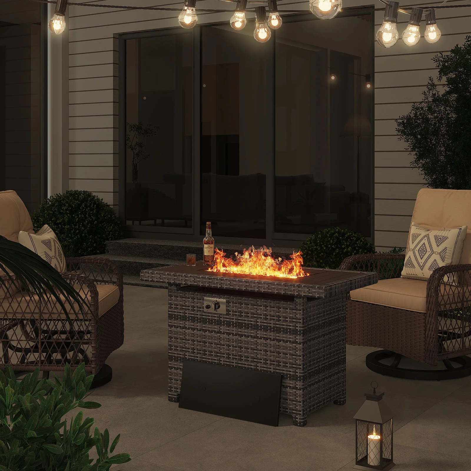 Aoxun 40'' Fire Pit Table 50,000 BTU Propane Gas Fire Pit Table W/ Cover, Glass Beads, Tank Holder, Gray Wicker - Womvr