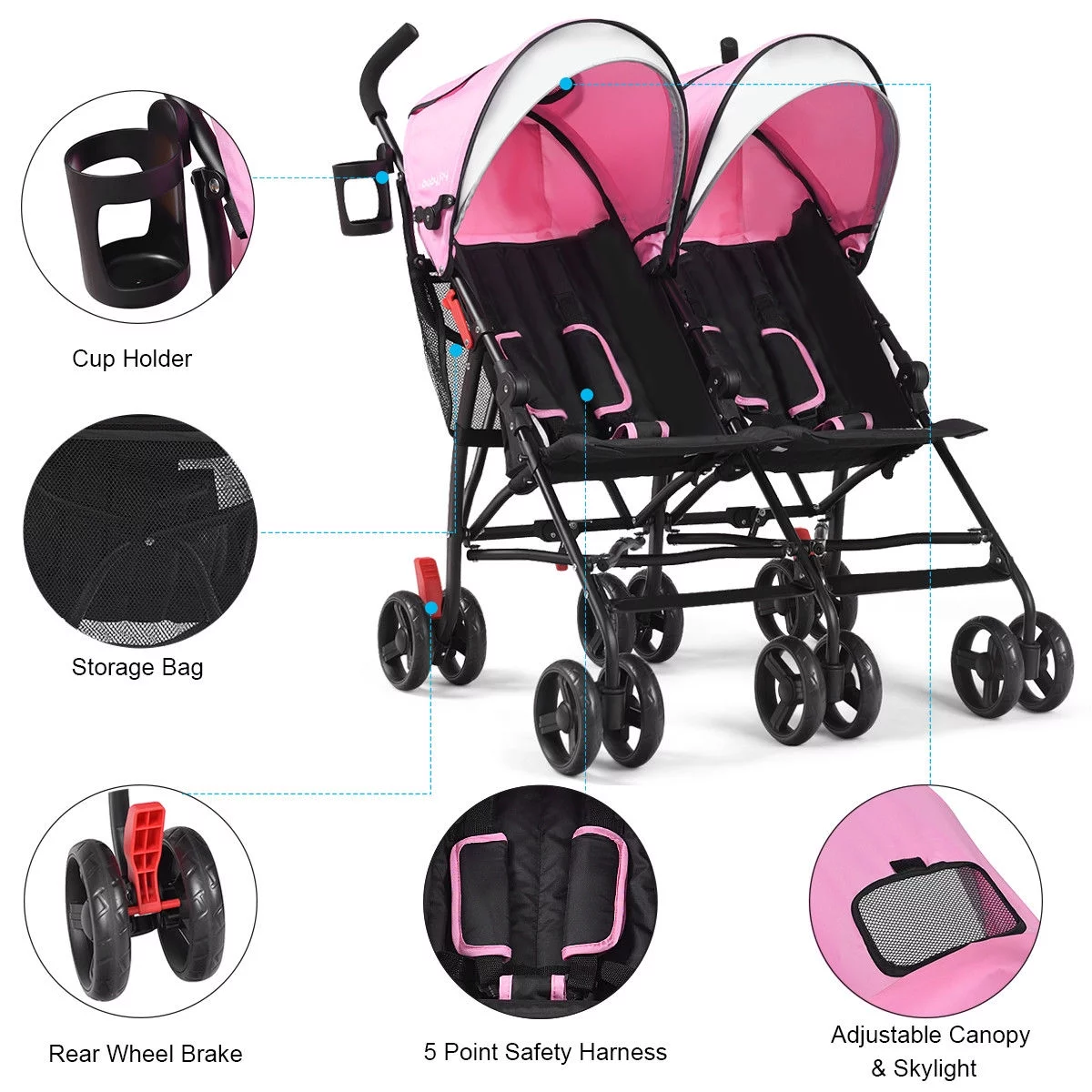 Baby-joy Foldable Twin Baby Double Stroller Kids Ultralight Umbrella Stroller Pushchair Black - Womvr