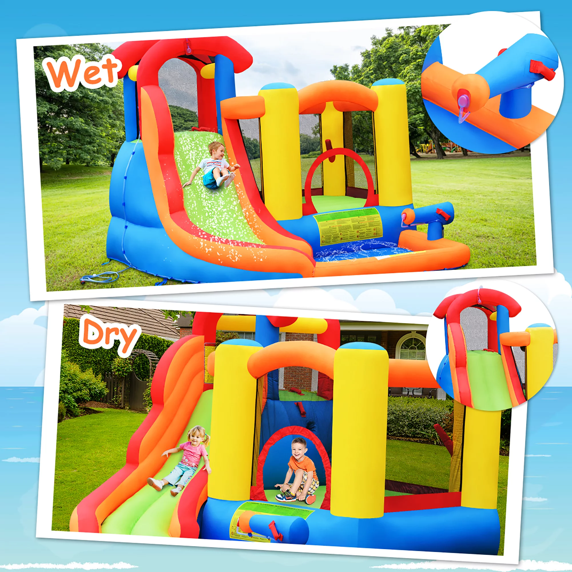 Costway Inflatable Bounce House Water Slide w/ Climbing Wall Splash Pool Water Cannon - Womvr